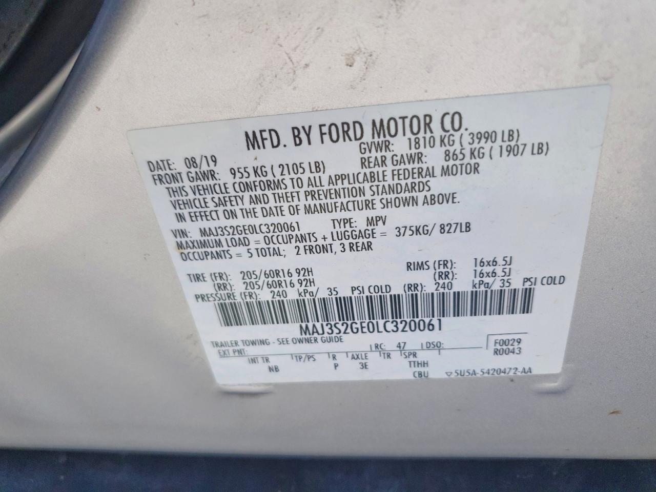 2020 Ford Ecosport Se Silver vin: MAJ3S2GE0LC320061