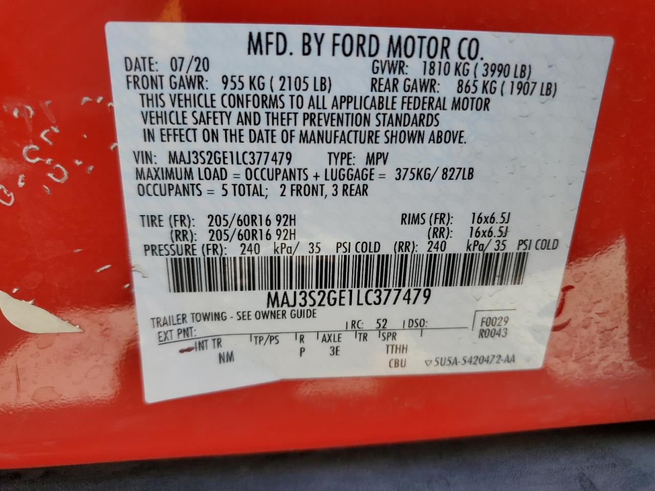 2020 Ford Ecosport Se Red vin: MAJ3S2GE1LC377479