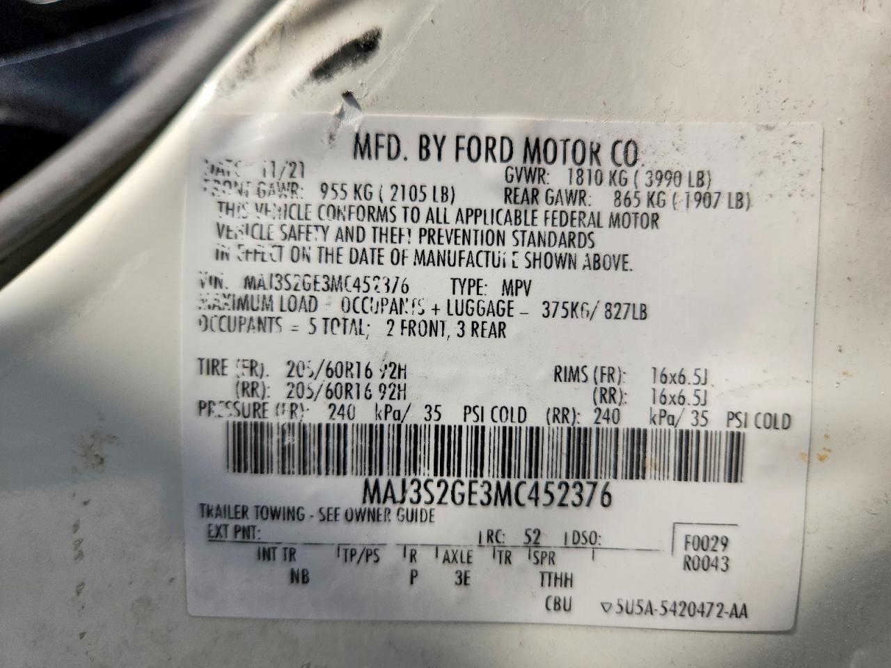 2021 Ford Ecosport Se White vin: MAJ3S2GE3MC452376