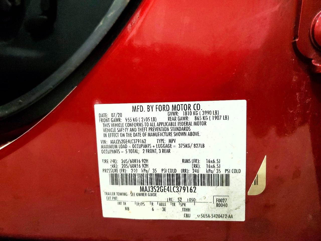 2020 Ford Ecosport Se Red vin: MAJ3S2GE4LC379162