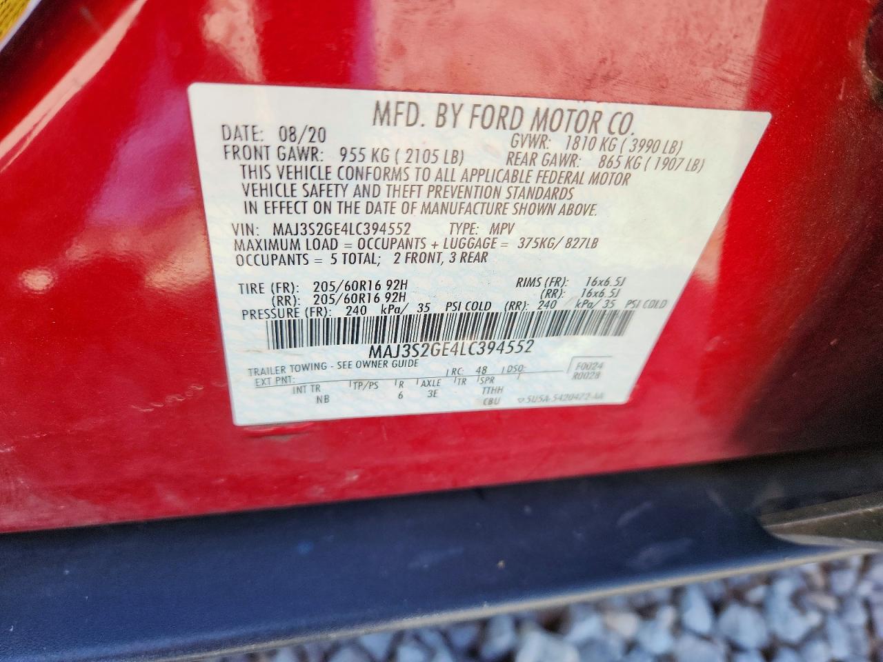 2020 Ford Ecosport Se Maroon vin: MAJ3S2GE4LC394552