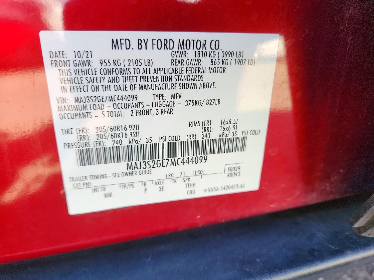2021 Ford Ecosport Se Red vin: MAJ3S2GE7MC444099