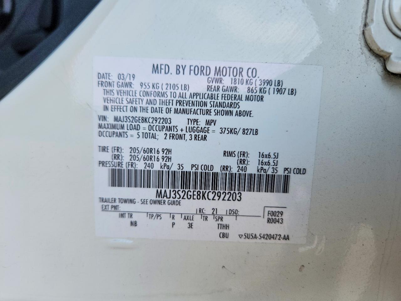 2019 Ford Ecosport Se White vin: MAJ3S2GE8KC292203