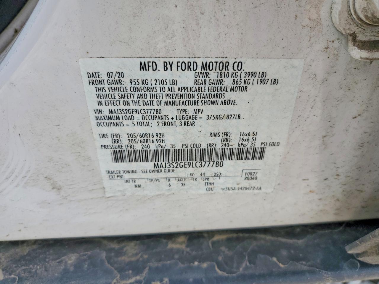 2020 Ford Ecosport Se White vin: MAJ3S2GE9LC377780