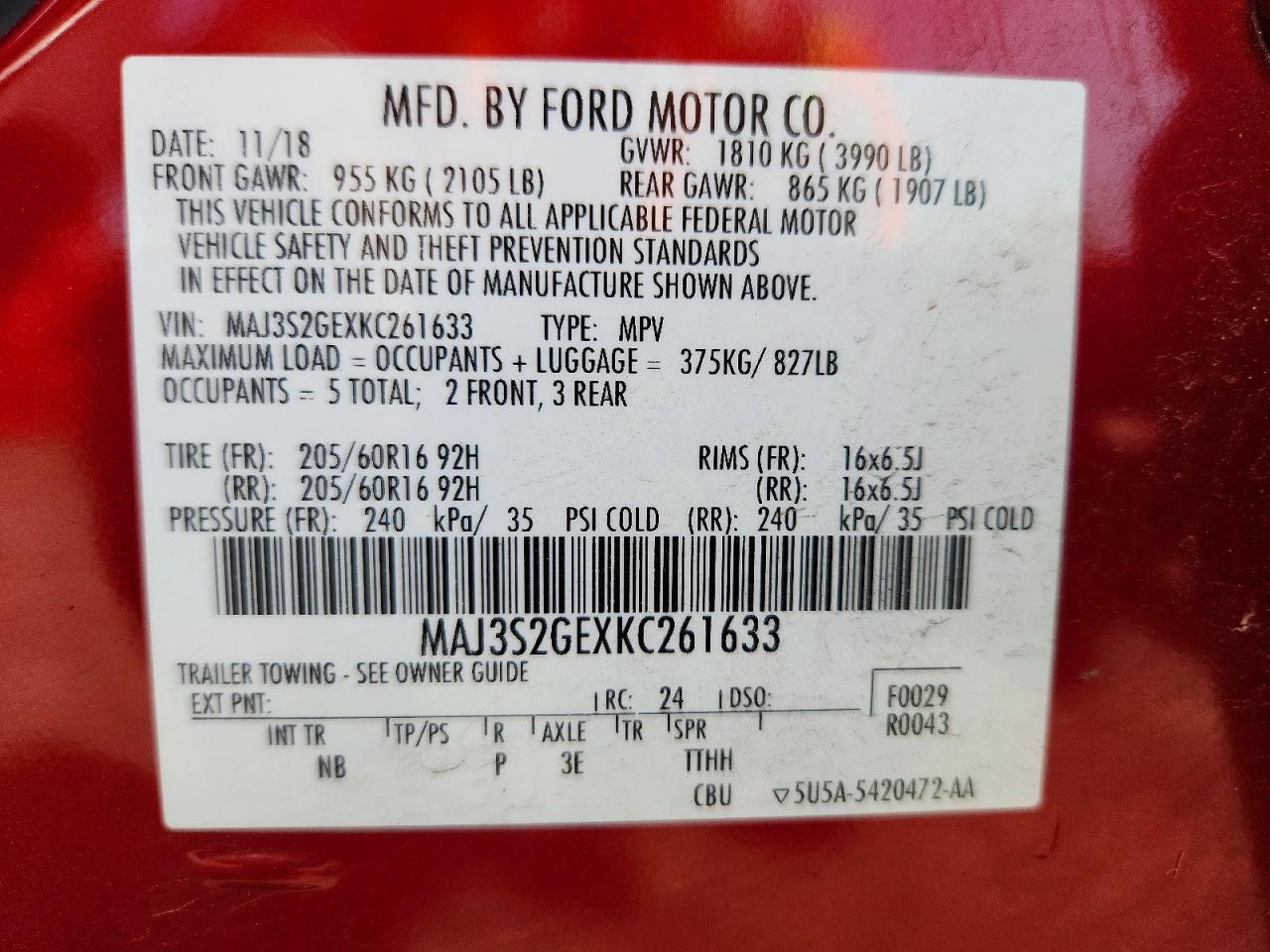 2019 Ford Ecosport Se Red vin: MAJ3S2GEXKC261633