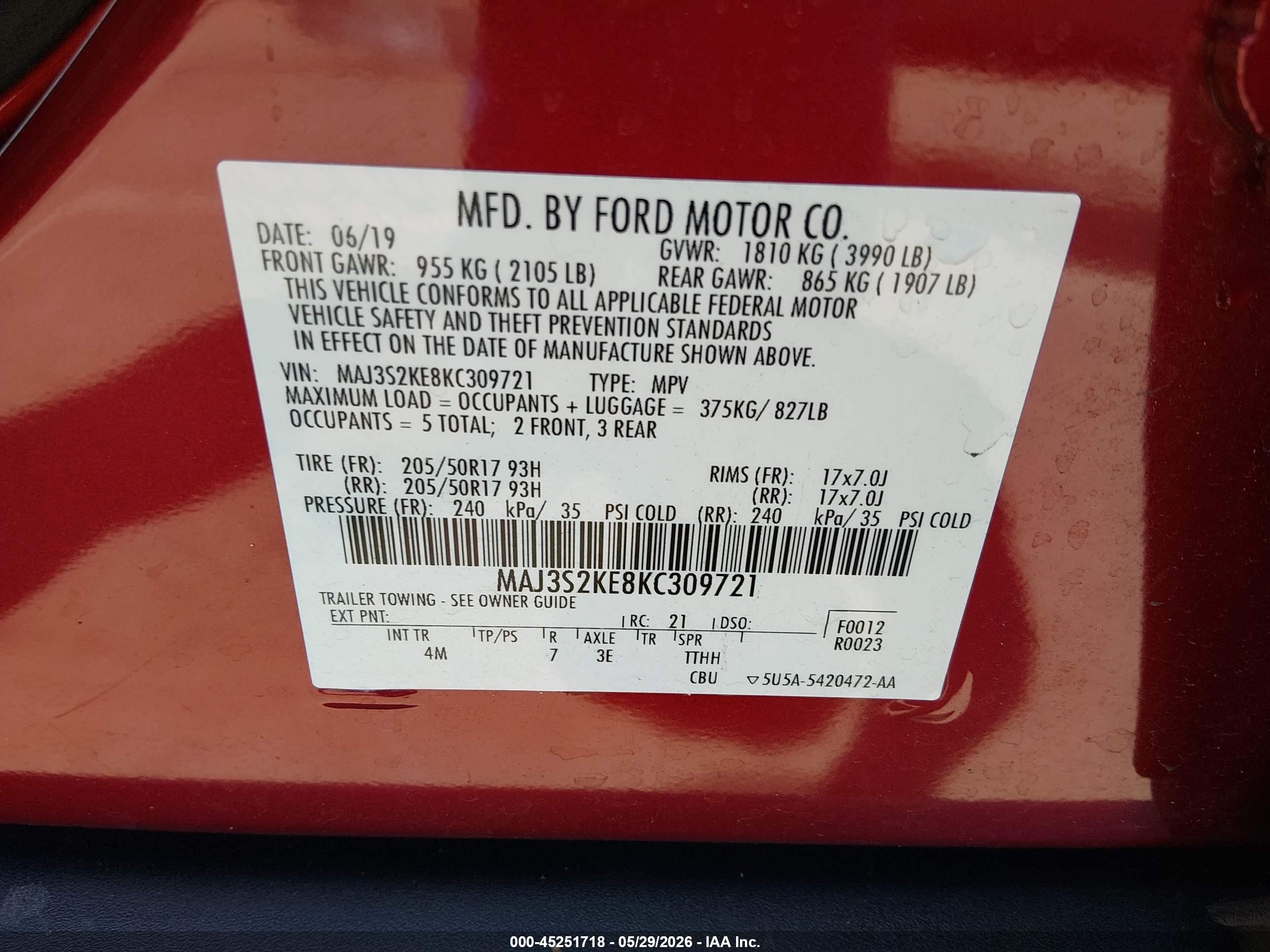 2019 Ford Ecosport Titanium Red vin: MAJ3S2KE8KC309721