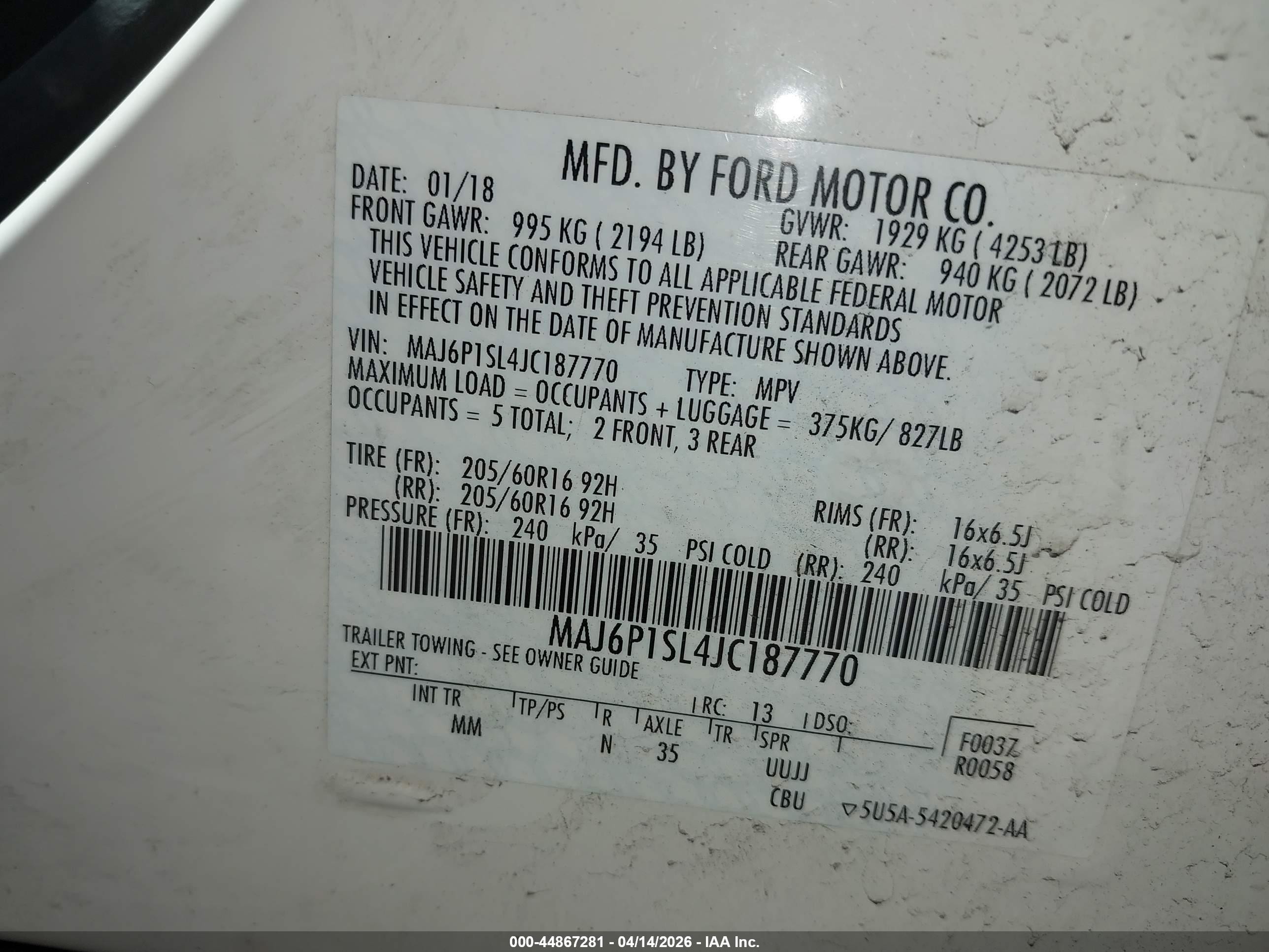 2018 Ford Ecosport S White vin: MAJ6P1SL4JC187770