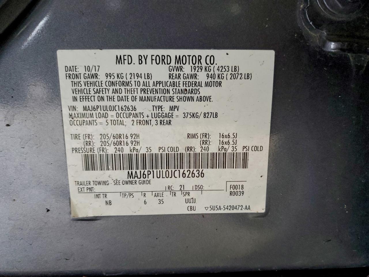 2018 Ford Ecosport Se Gray vin: MAJ6P1UL0JC162636