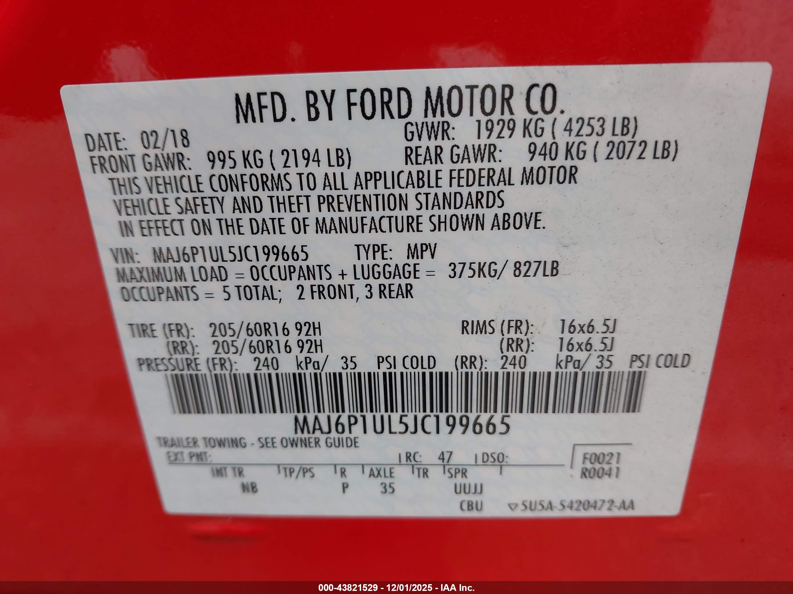 2018 Ford Ecosport Se Red vin: MAJ6P1UL5JC199665