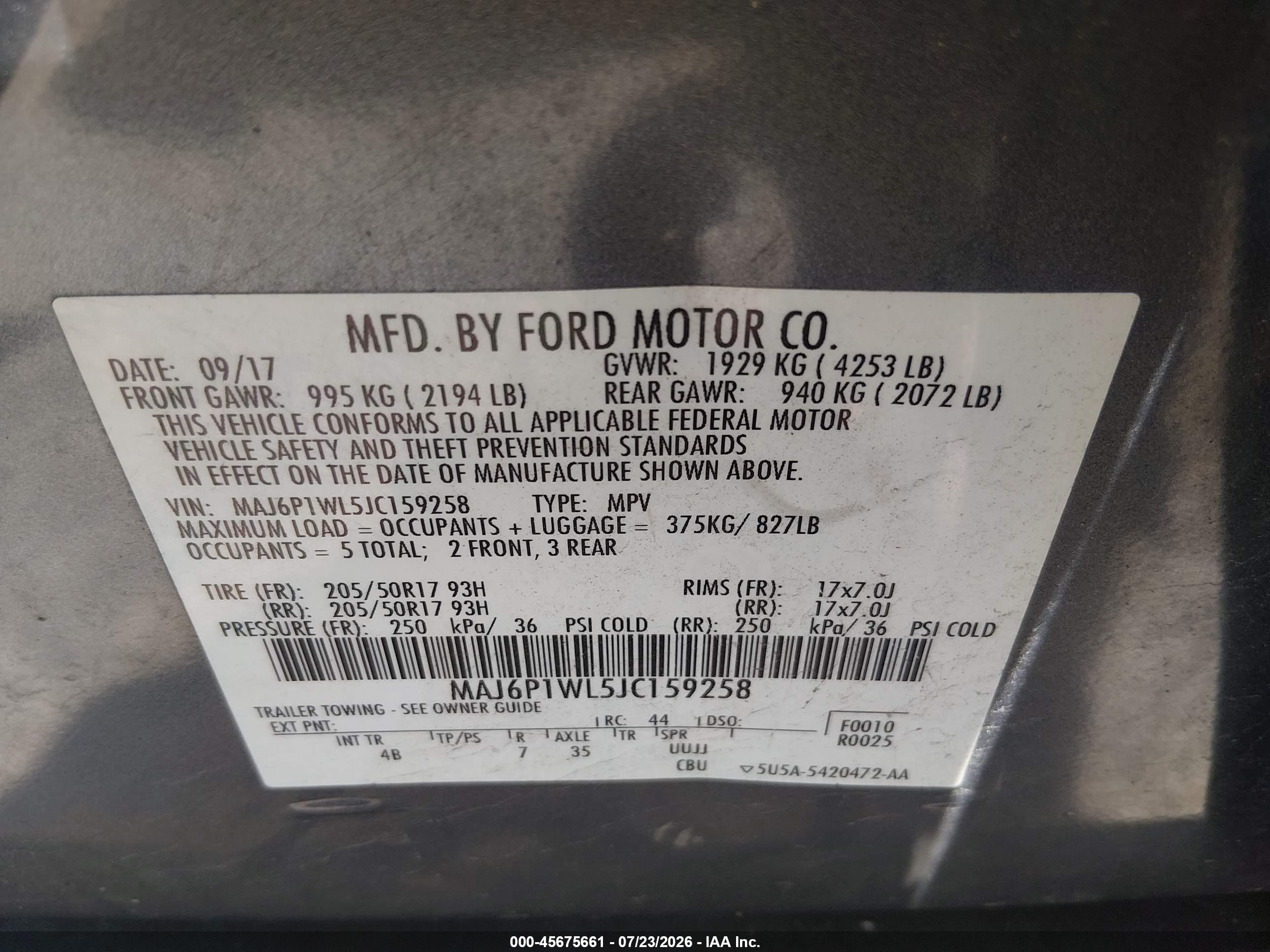 2018 Ford Ecosport Titanium Gray vin: MAJ6P1WL5JC159258