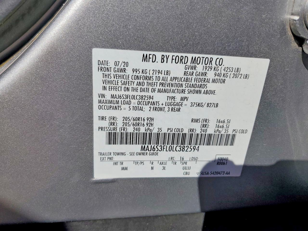 2020 Ford Ecosport S Silver vin: MAJ6S3FL0LC382594