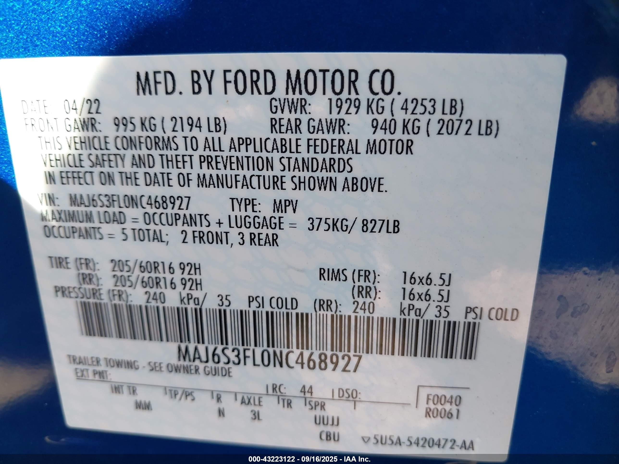 2022 Ford Ecosport S Blue vin: MAJ6S3FL0NC468927