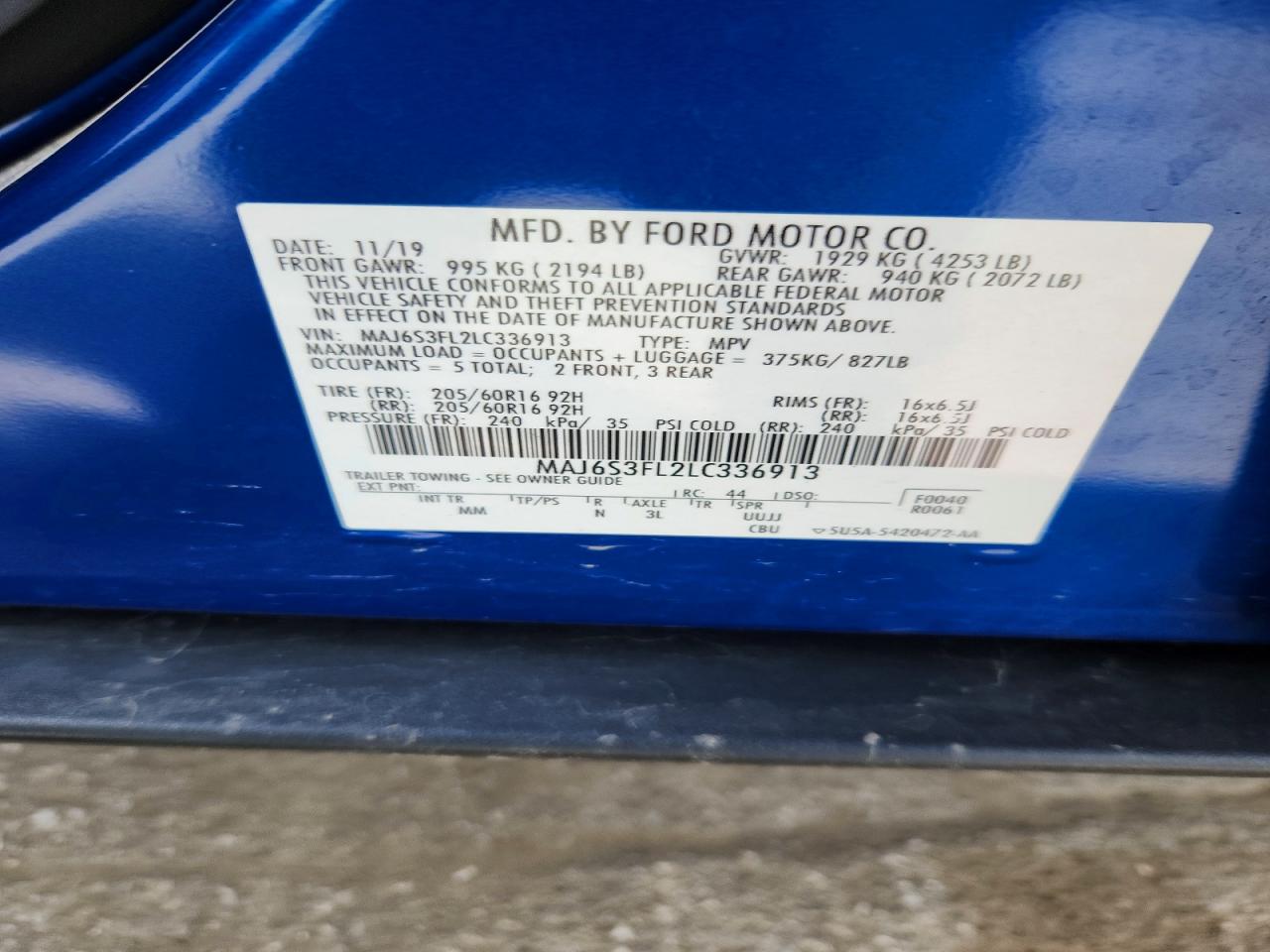 2020 Ford Ecosport S Blue vin: MAJ6S3FL2LC336913
