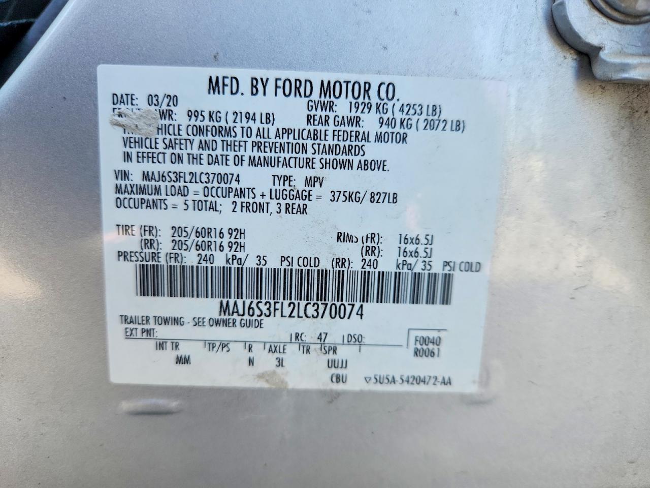 2020 Ford Ecosport S Silver vin: MAJ6S3FL2LC370074
