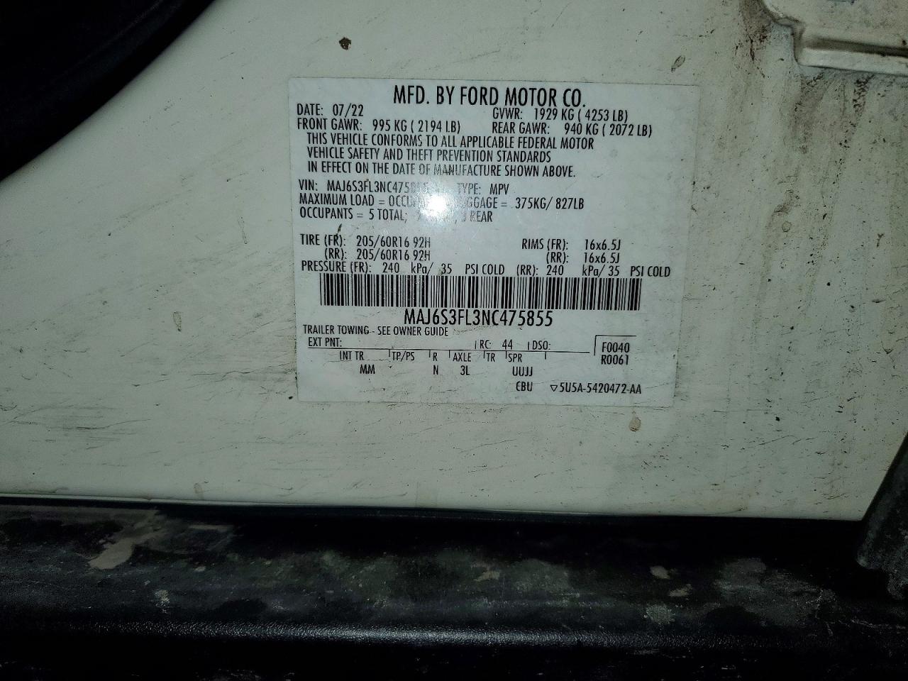 2022 Ford Ecosport S White vin: MAJ6S3FL3NC475855