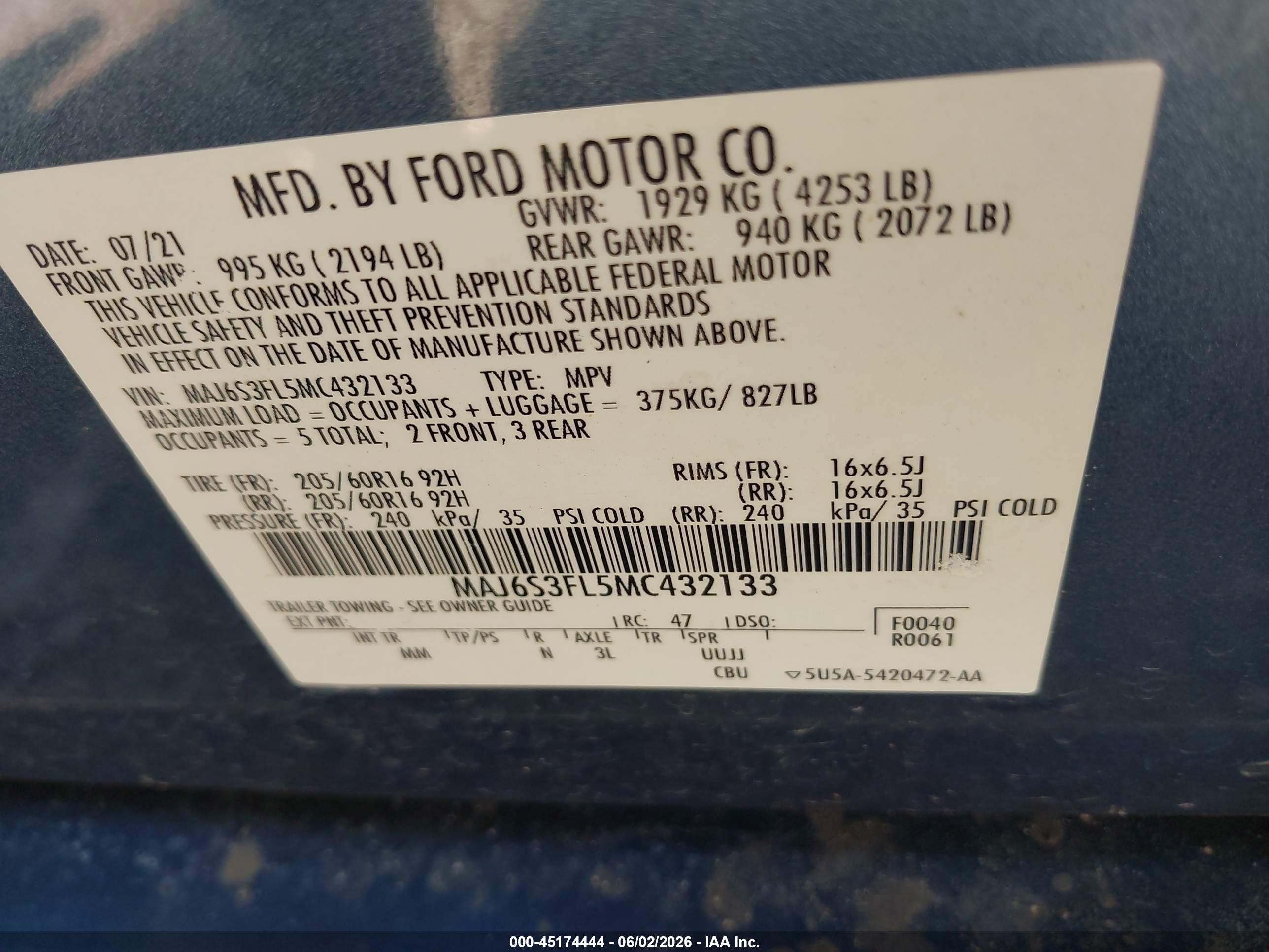 2021 Ford Ecosport S Синий vin: MAJ6S3FL5MC432133