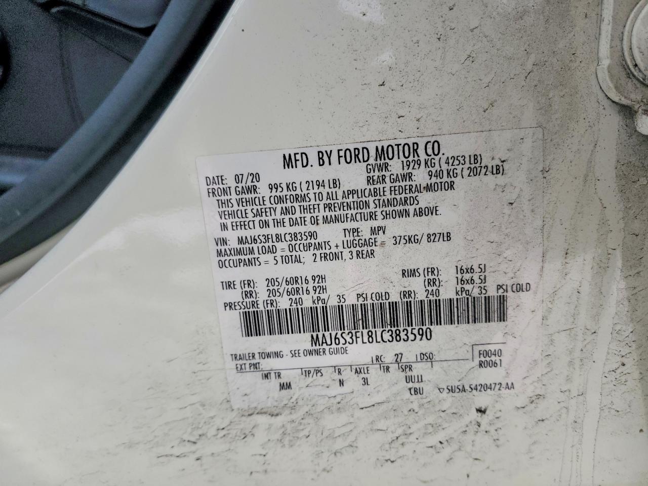 2020 Ford Ecosport S White vin: MAJ6S3FL8LC383590