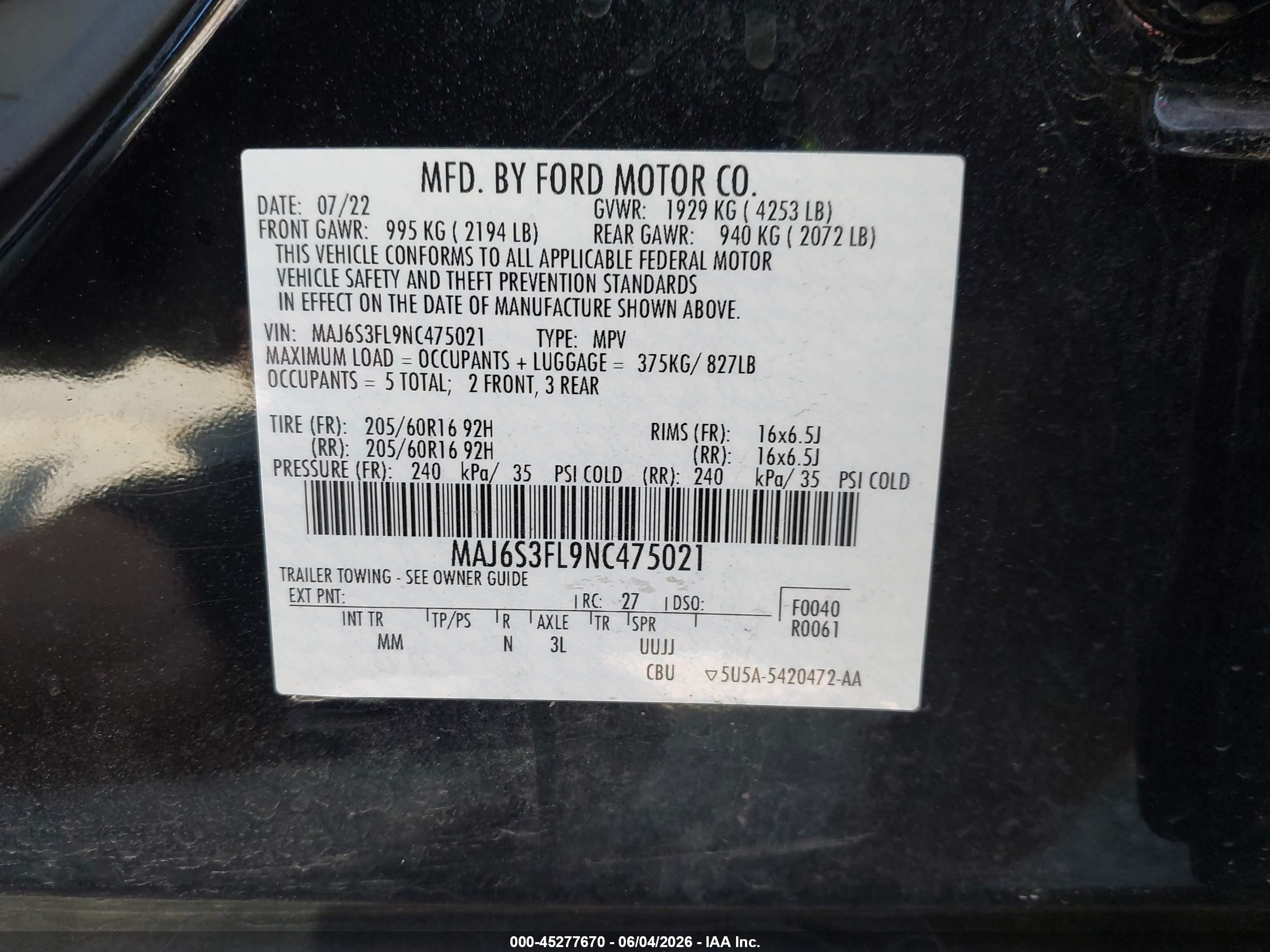 2022 Ford Ecosport S Black vin: MAJ6S3FL9NC475021