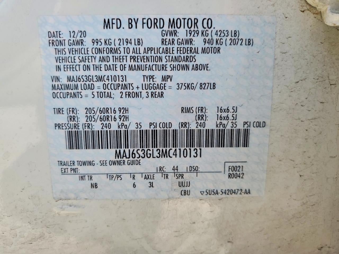 2021 Ford Ecosport Se White vin: MAJ6S3GL3MC410131