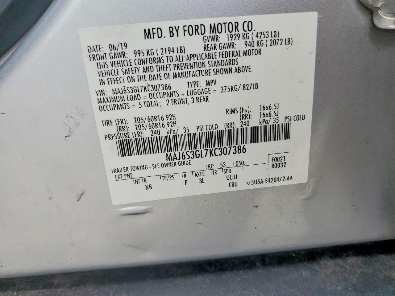 2019 Ford Ecosport Se Gray vin: MAJ6S3GL7KC307386