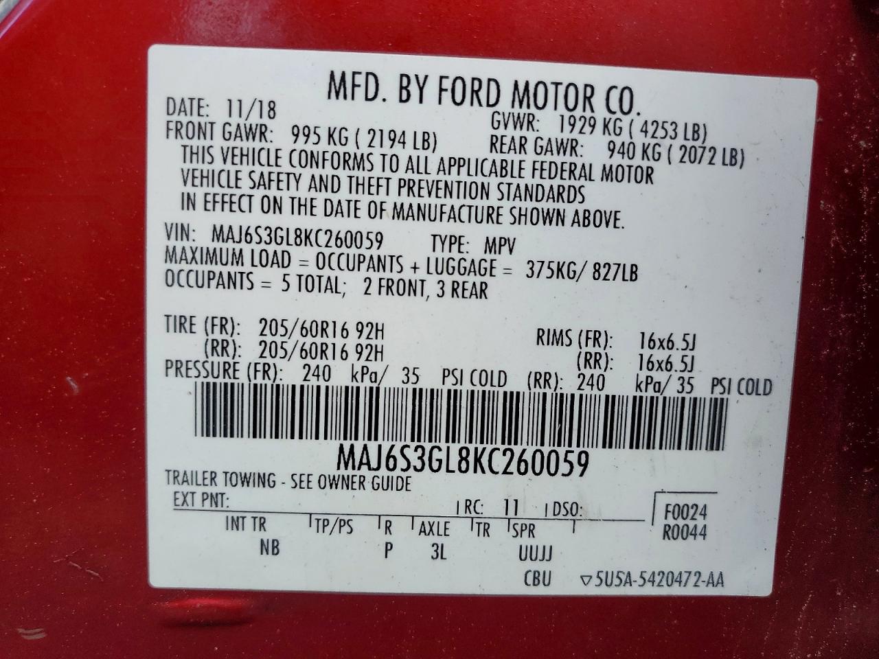2019 Ford Ecosport Se Красный vin: MAJ6S3GL8KC260059