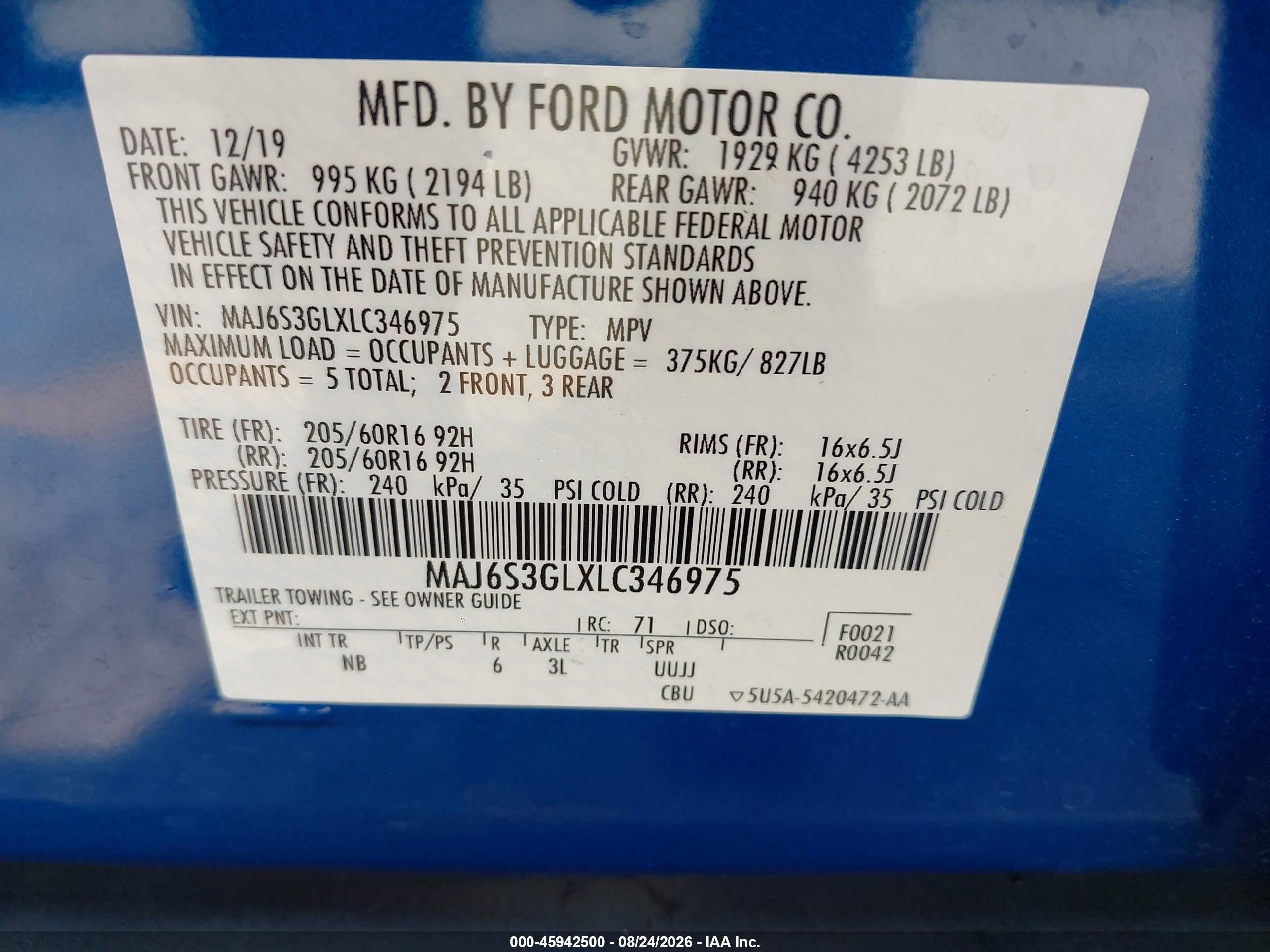 2020 Ford Ecosport Se Blue vin: MAJ6S3GLXLC346975