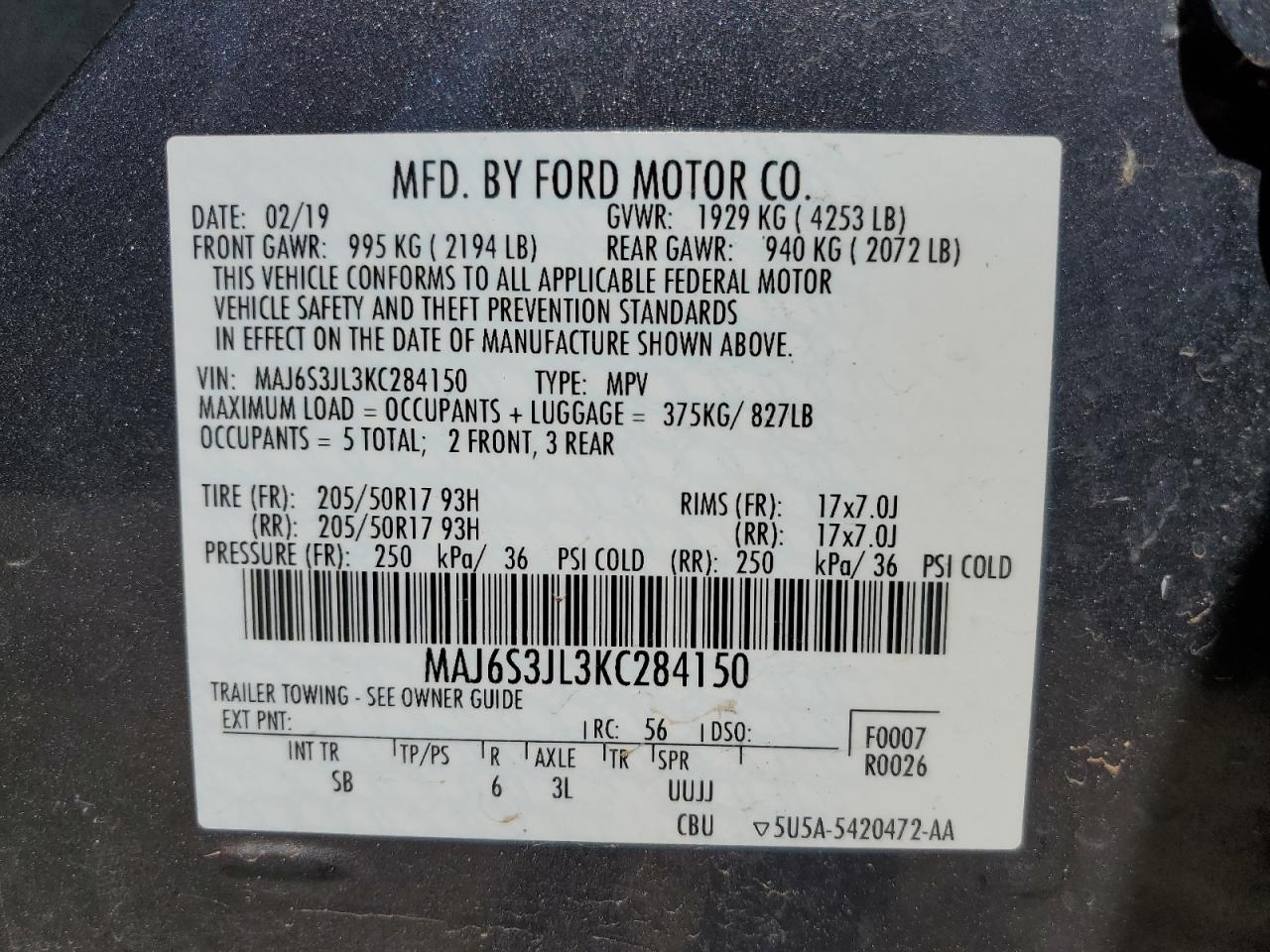 2019 Ford Ecosport Ses Charcoal vin: MAJ6S3JL3KC284150
