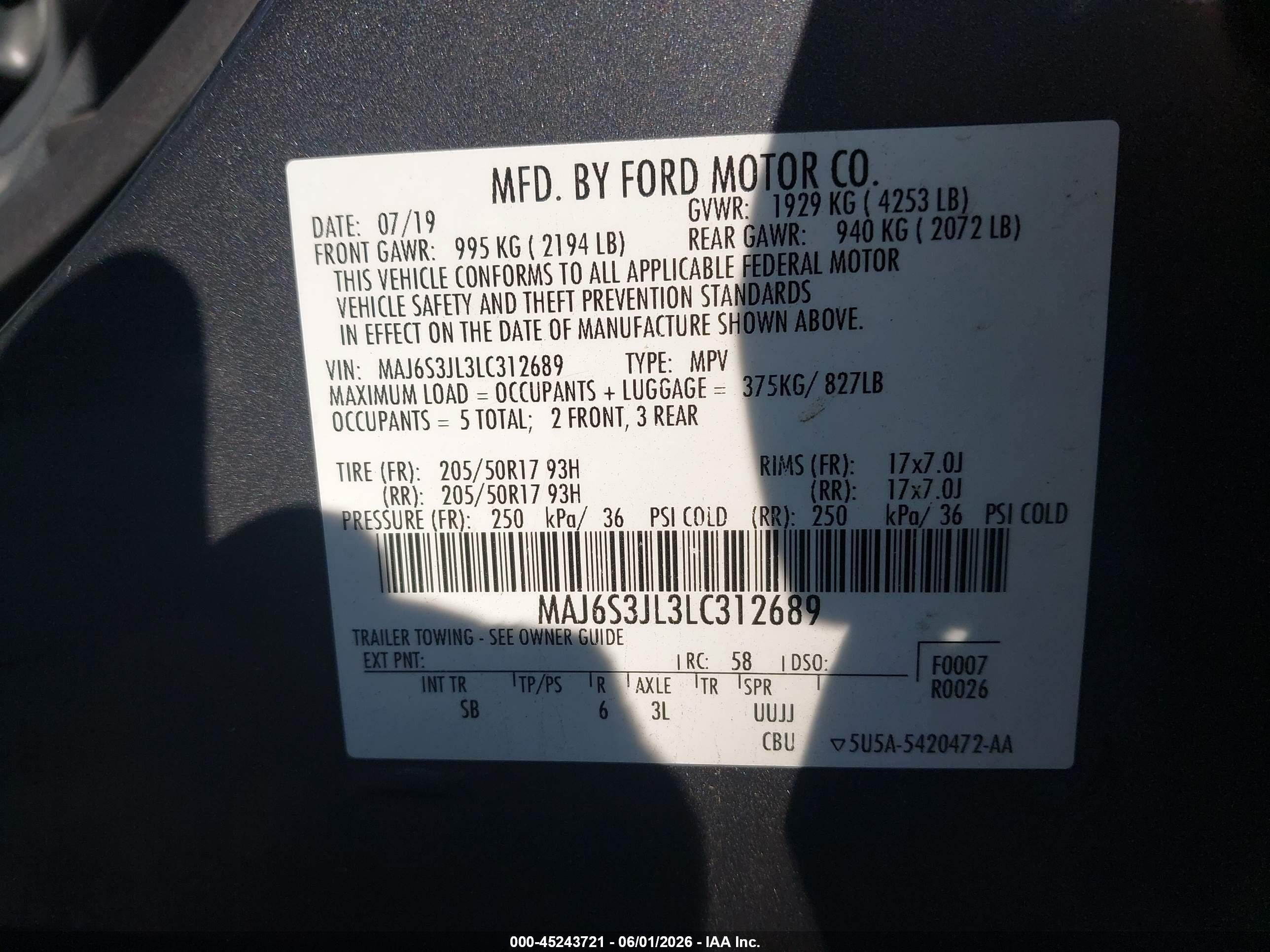 2020 Ford Ecosport Ses Gray vin: MAJ6S3JL3LC312689