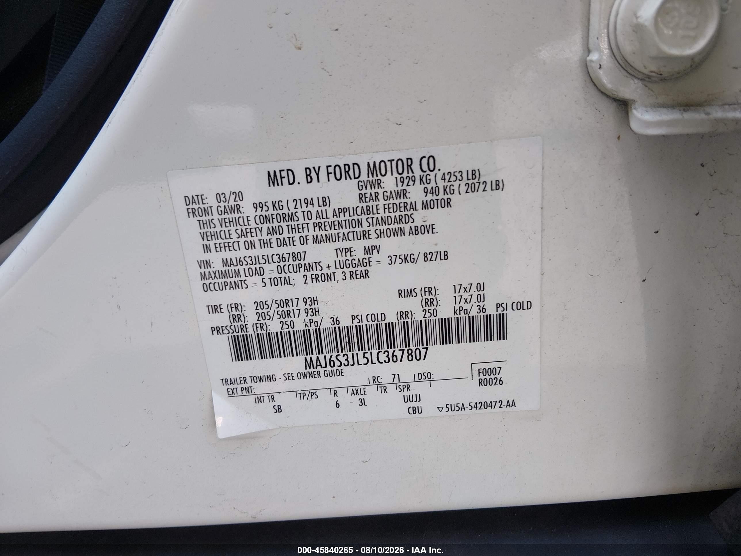 2020 Ford Ecosport Ses White vin: MAJ6S3JL5LC367807