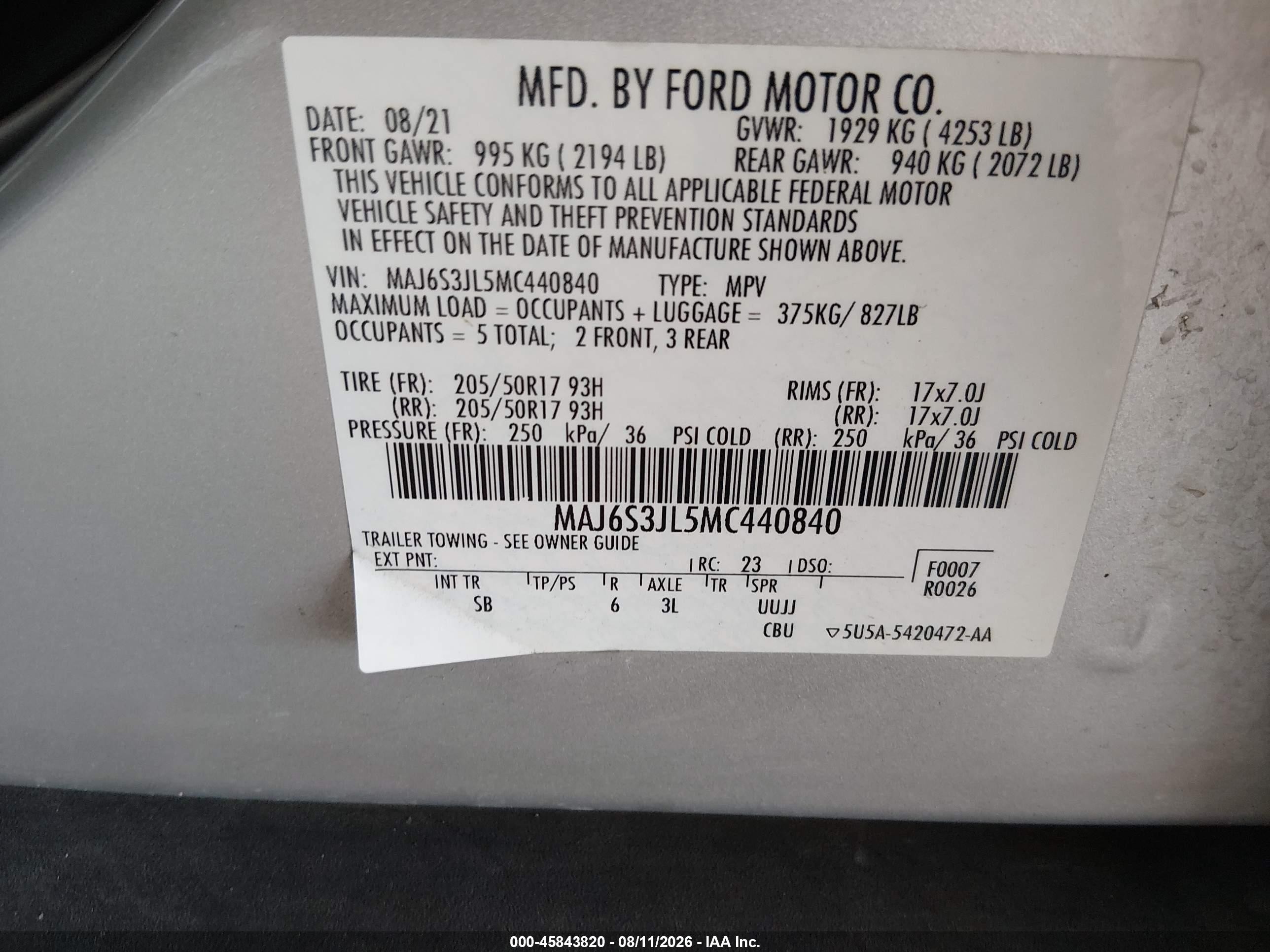 2021 Ford Ecosport Ses Silver vin: MAJ6S3JL5MC440840