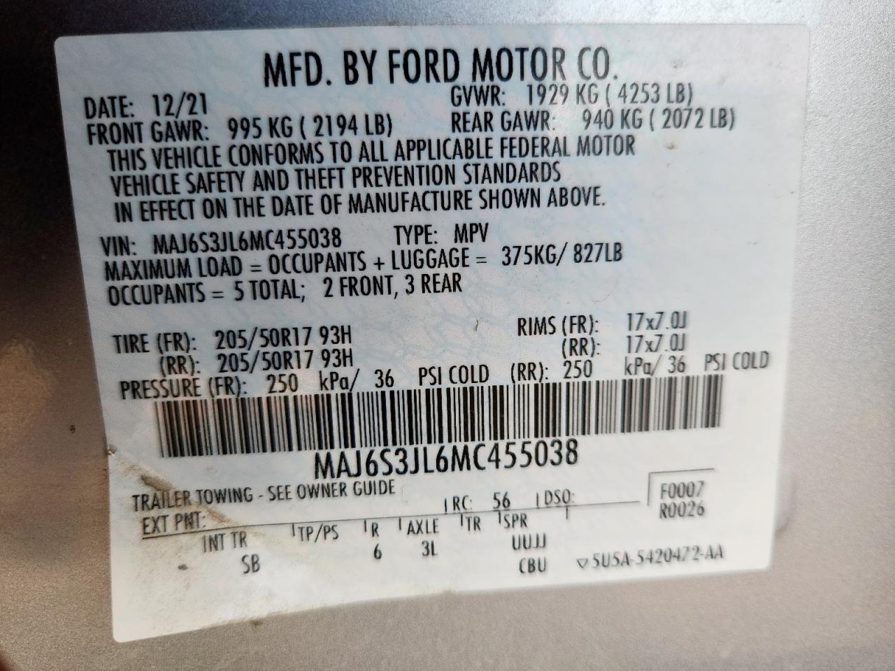 2021 Ford Ecosport Ses Серебряный vin: MAJ6S3JL6MC455038