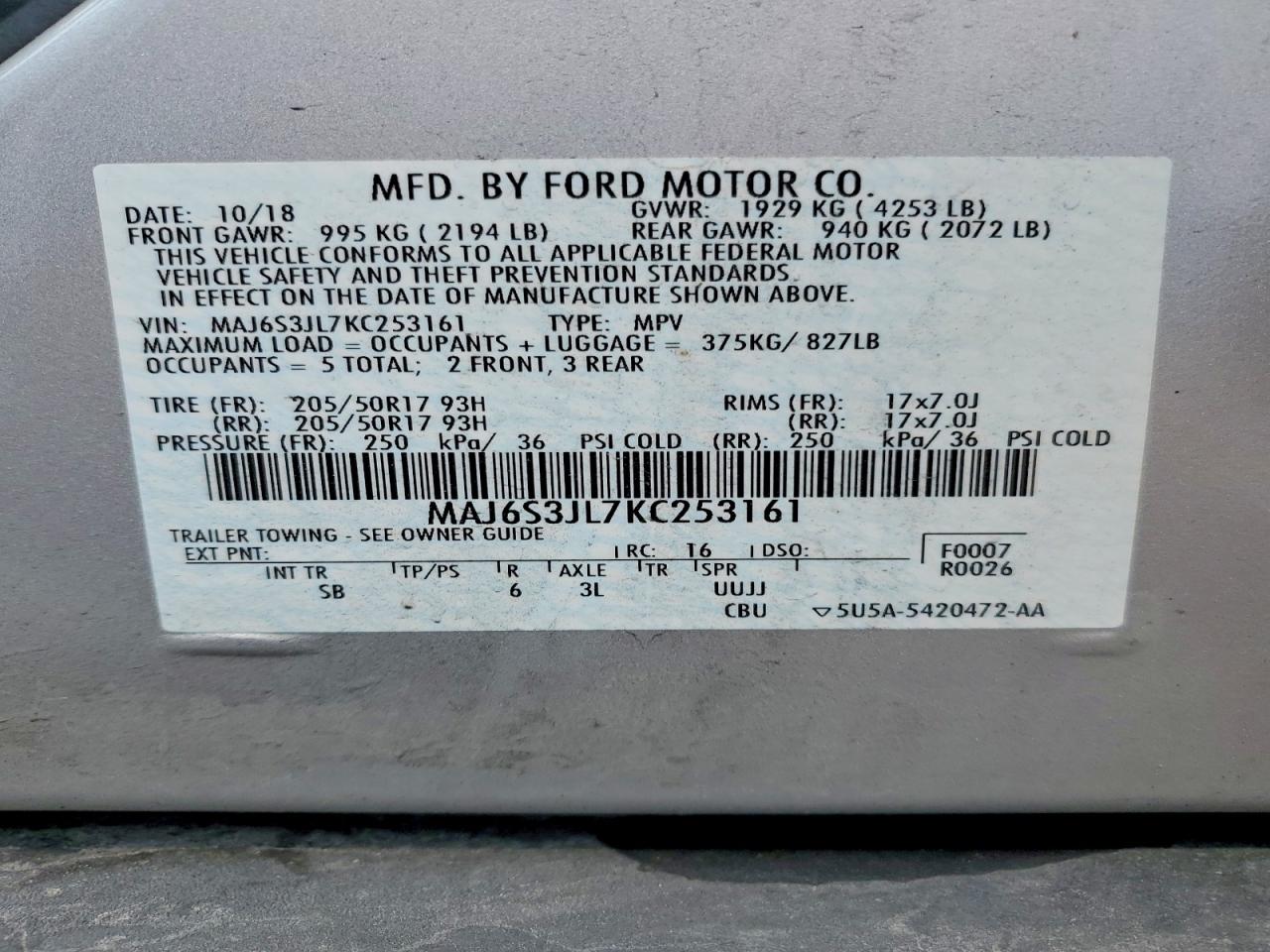 2019 Ford Ecosport Ses Silver vin: MAJ6S3JL7KC253161