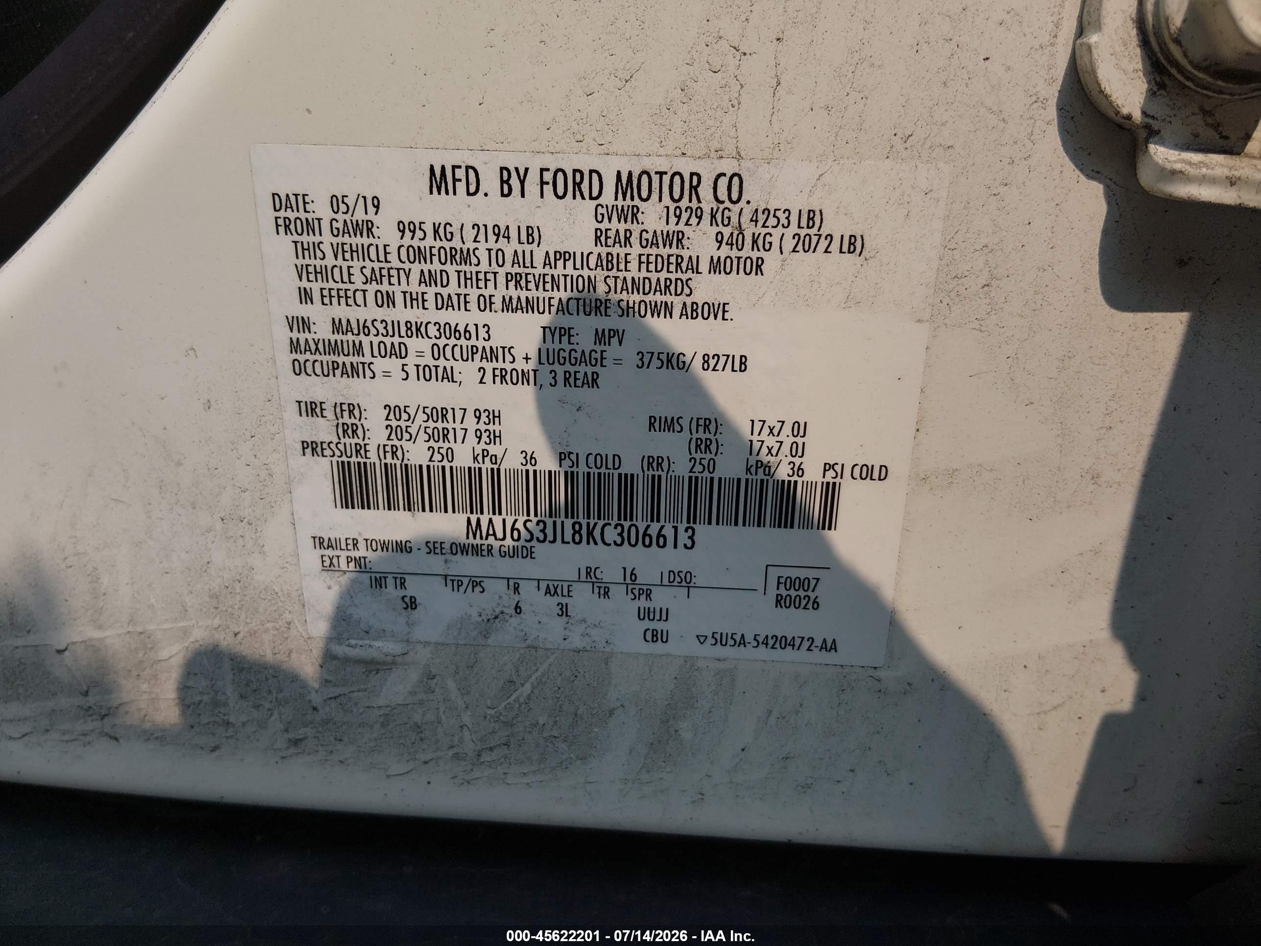 2019 Ford Ecosport Ses White vin: MAJ6S3JL8KC306613
