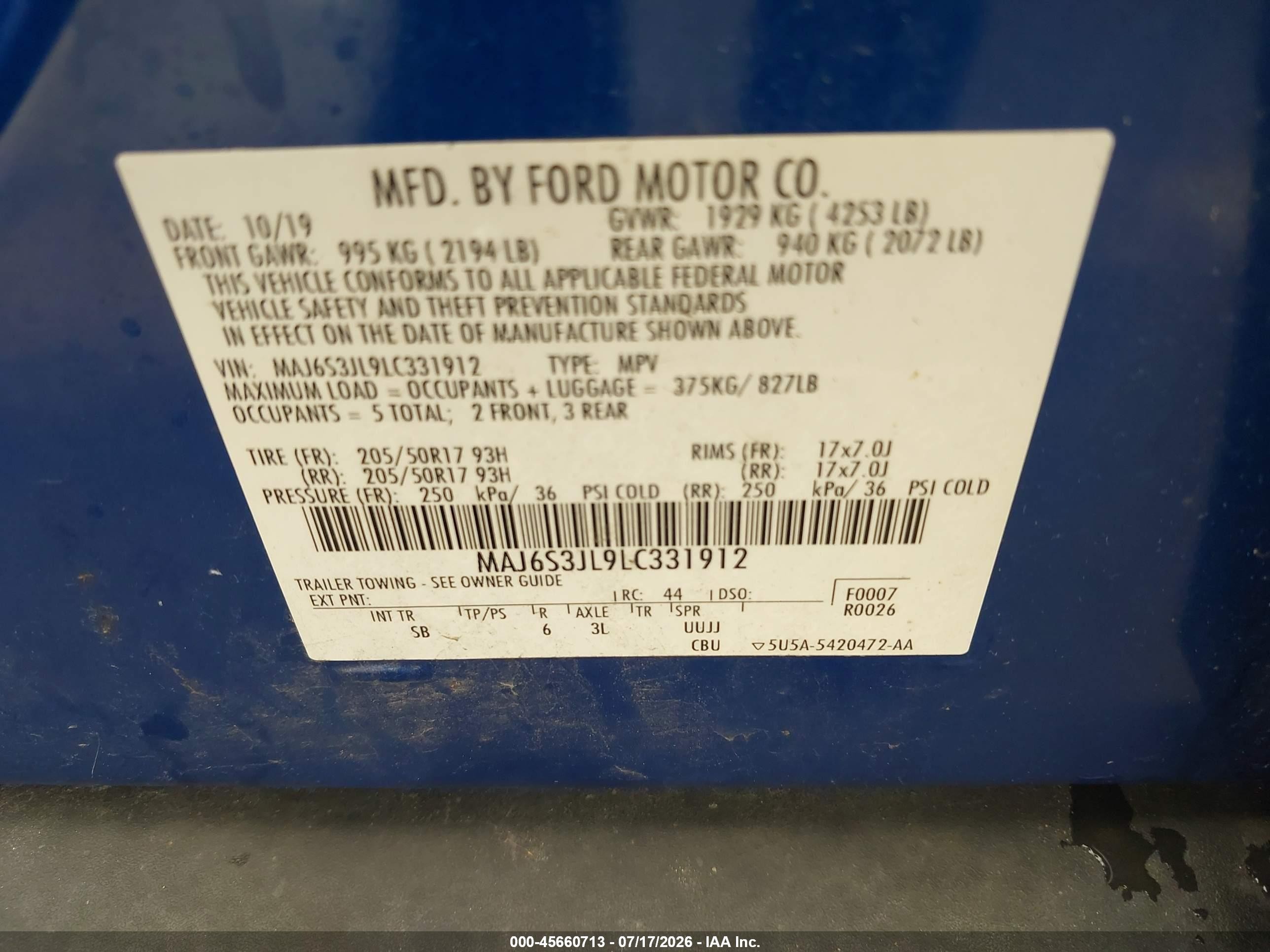 2020 Ford Ecosport Ses Синий vin: MAJ6S3JL9LC331912