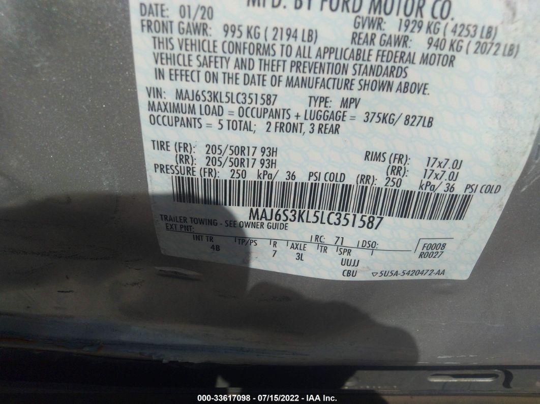 2020 Ford Ecosport Titanium Silver vin: MAJ6S3KL5LC351587
