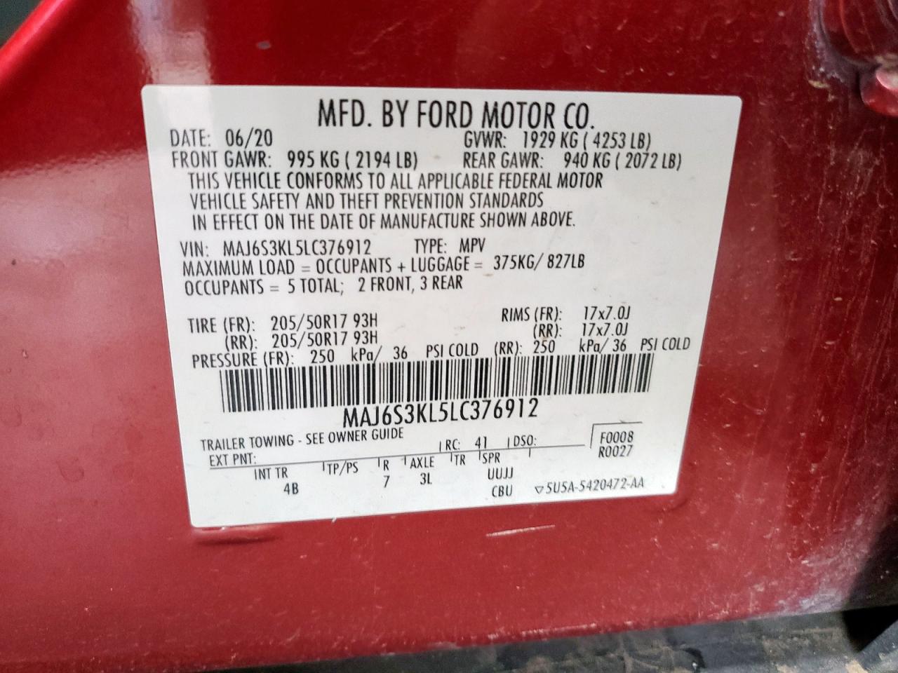 2020 Ford Ecosport Titanium Красный vin: MAJ6S3KL5LC376912