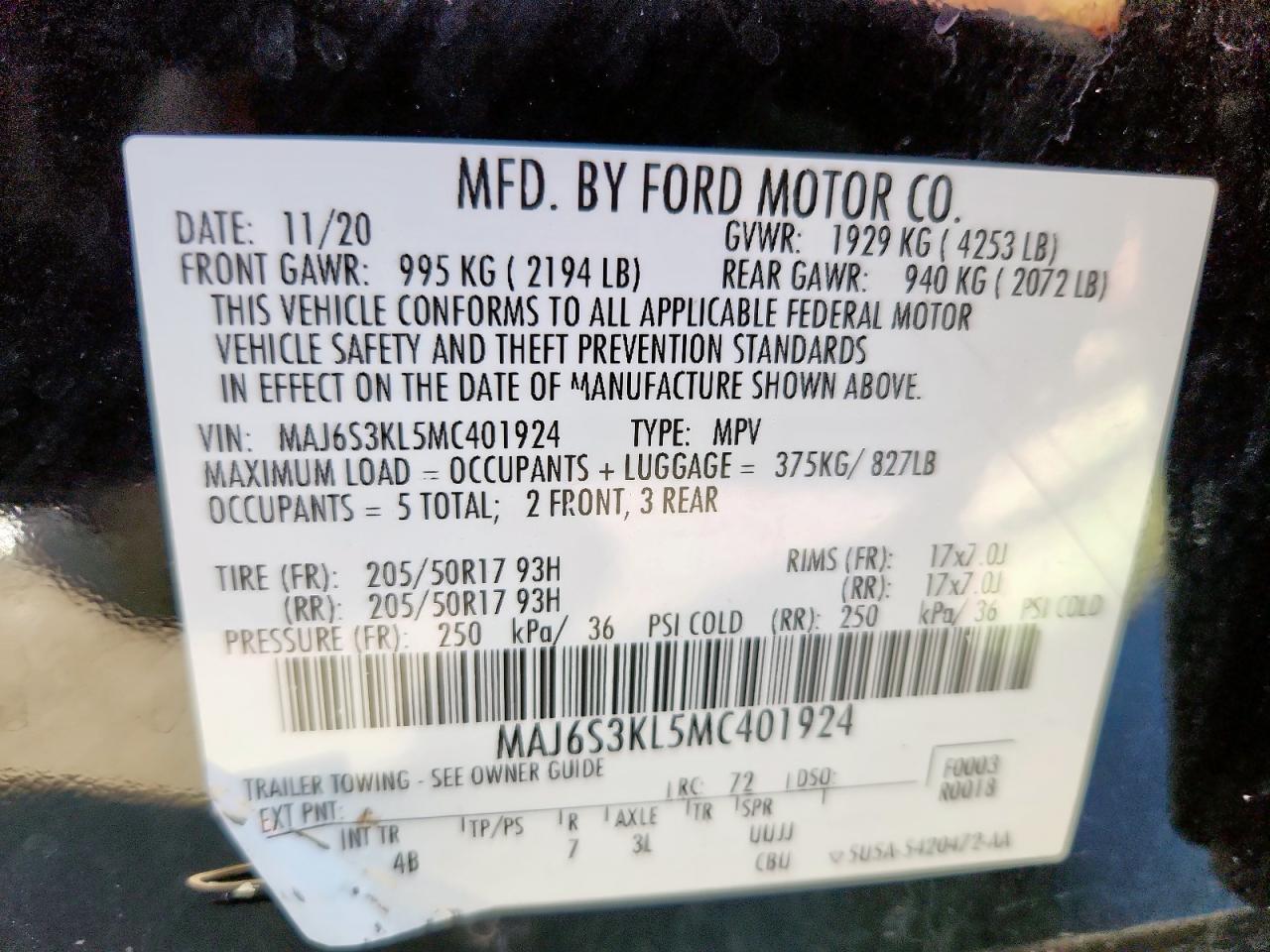 2021 Ford Ecosport Titanium Черный vin: MAJ6S3KL5MC401924