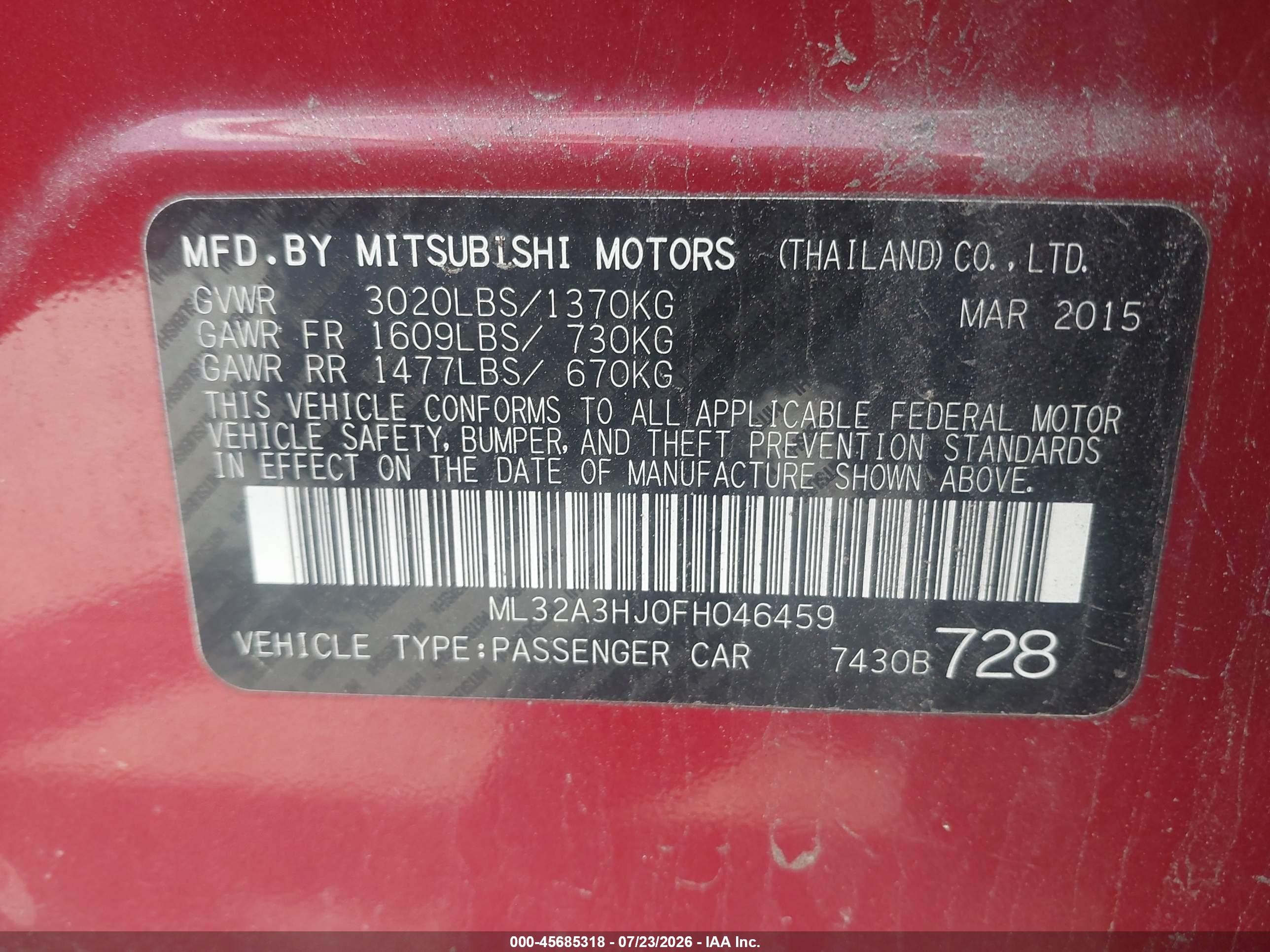 2015 Mitsubishi Mirage De/rf Red vin: ML32A3HJ0FH046459