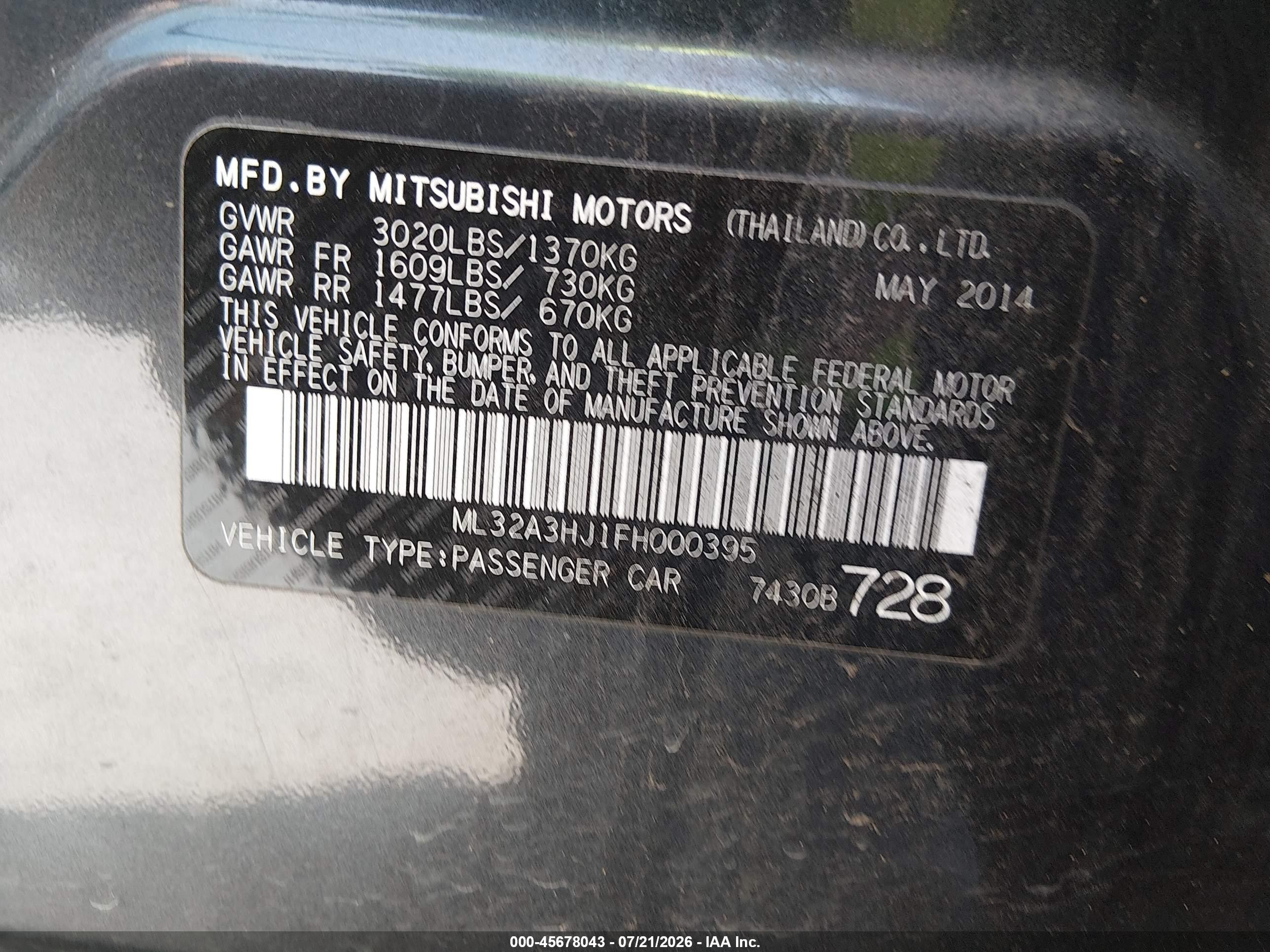 2015 Mitsubishi Mirage De/rf Gray vin: ML32A3HJ1FH000395
