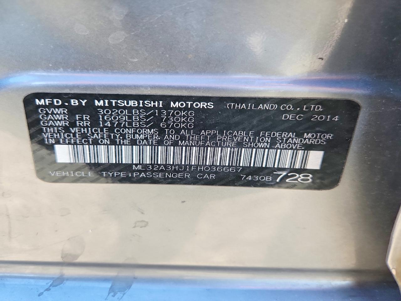 2015 Mitsubishi Mirage De Gray vin: ML32A3HJ1FH036667