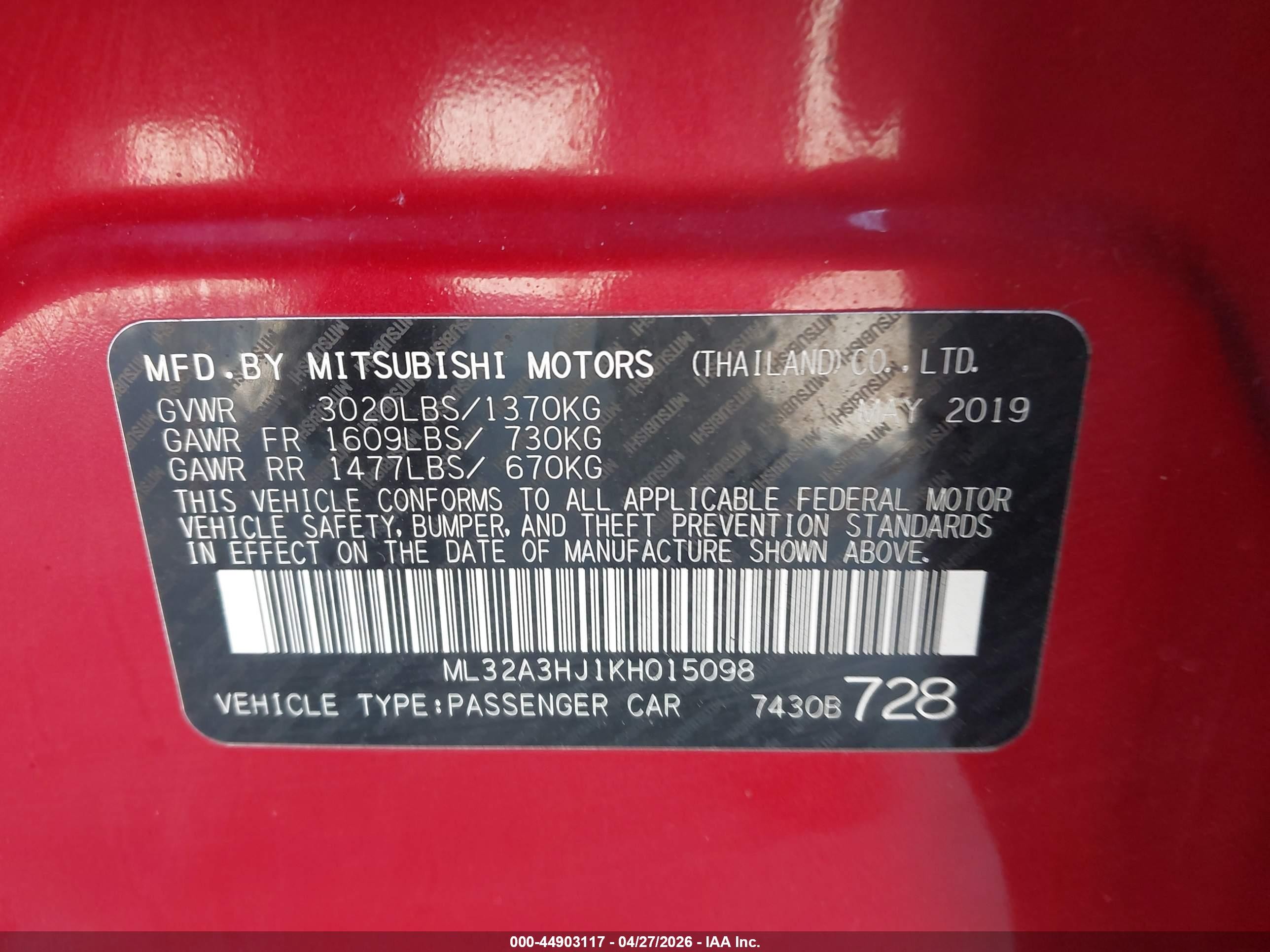 2019 Mitsubishi Mirage Es/rf Красный vin: ML32A3HJ1KH015098
