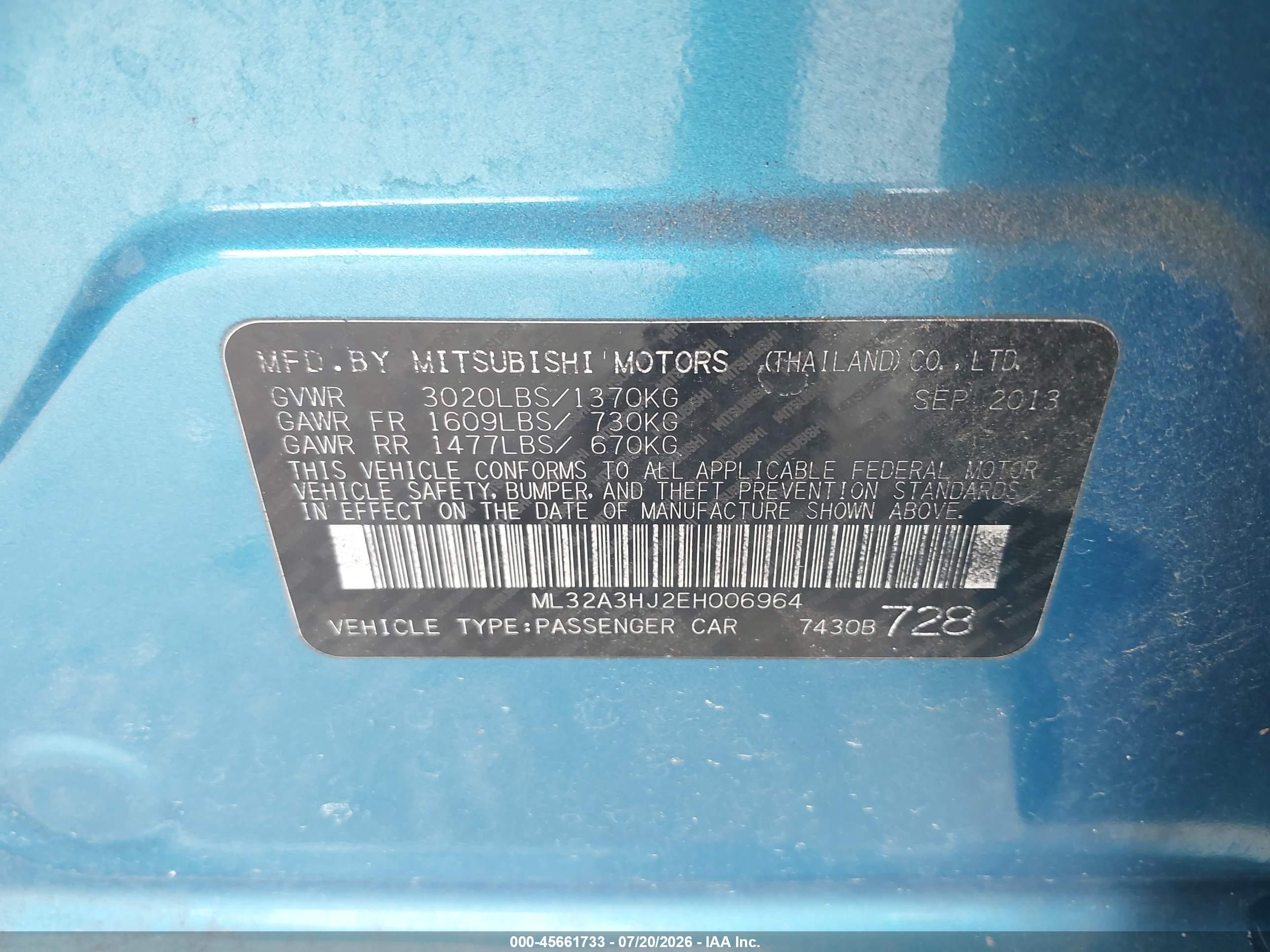2014 Mitsubishi Mirage De Blue vin: ML32A3HJ2EH006964