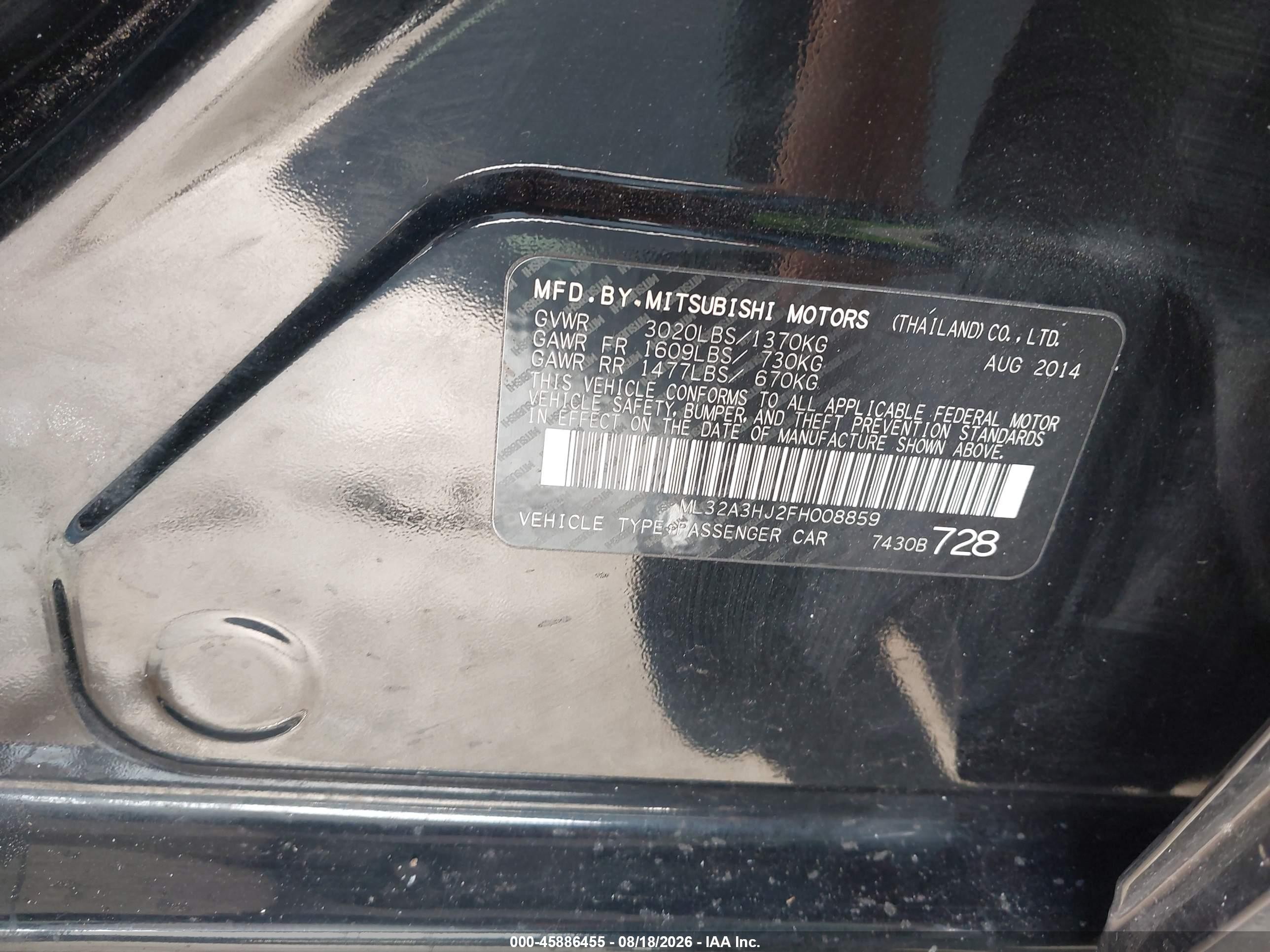 2015 Mitsubishi Mirage De/rf Черный vin: ML32A3HJ2FH008859