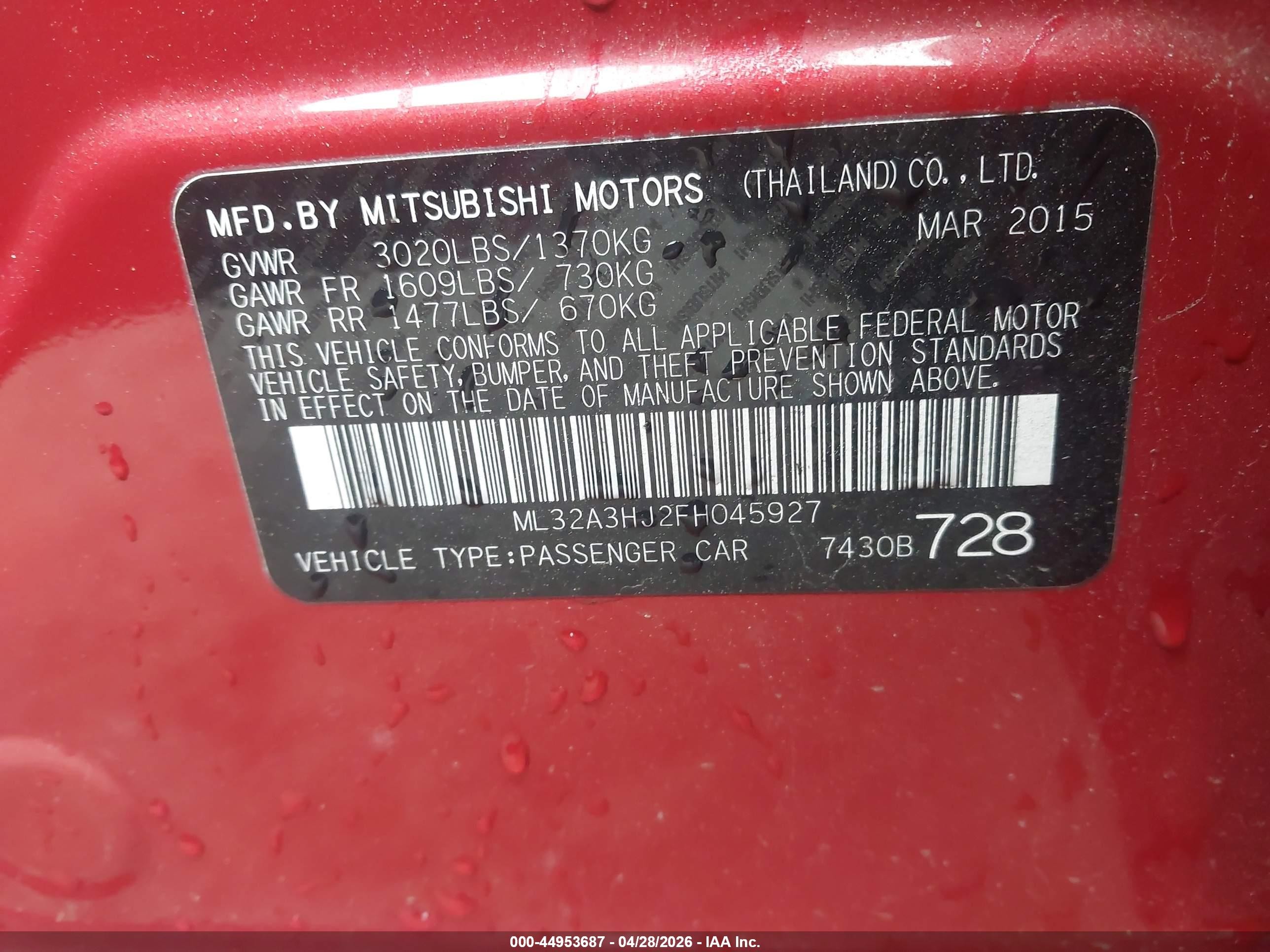 2015 Mitsubishi Mirage De/rf Red vin: ML32A3HJ2FH045927