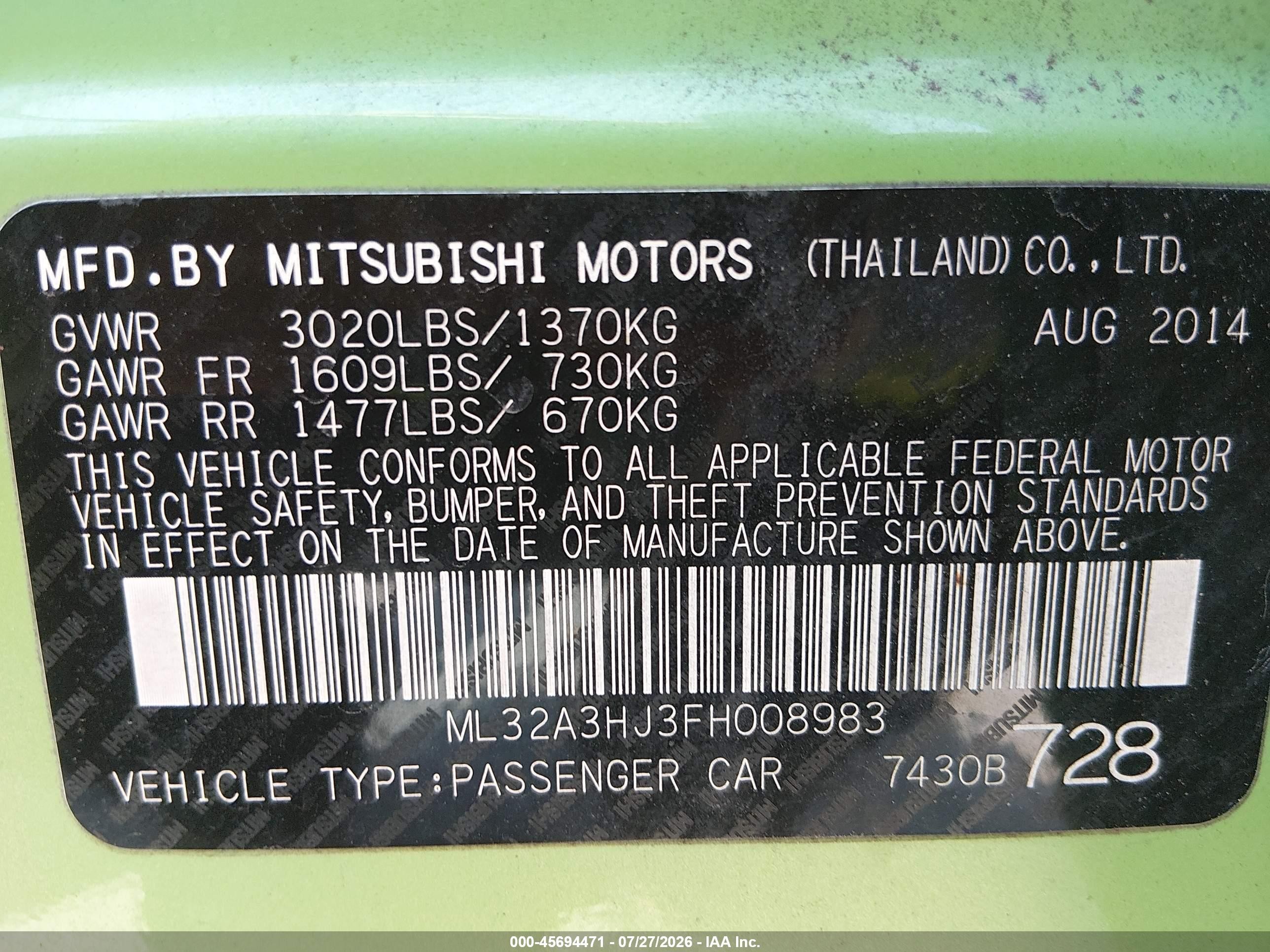 2015 Mitsubishi Mirage De Green vin: ML32A3HJ3FH008983
