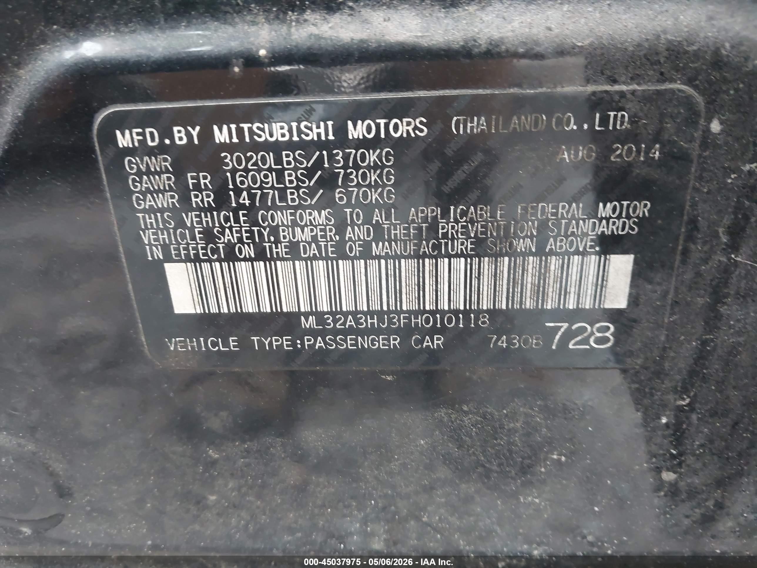 2015 Mitsubishi Mirage De Black vin: ML32A3HJ3FH010118