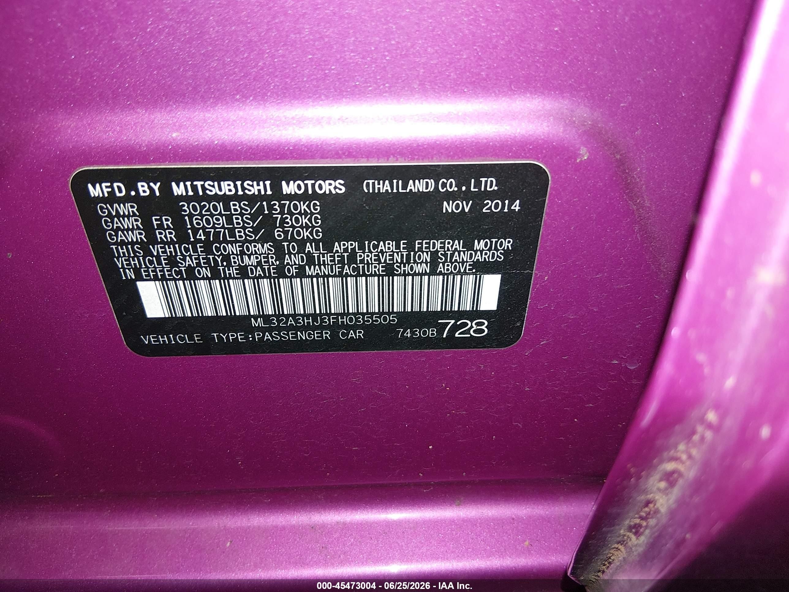 2015 Mitsubishi Mirage De Pink vin: ML32A3HJ3FH035505