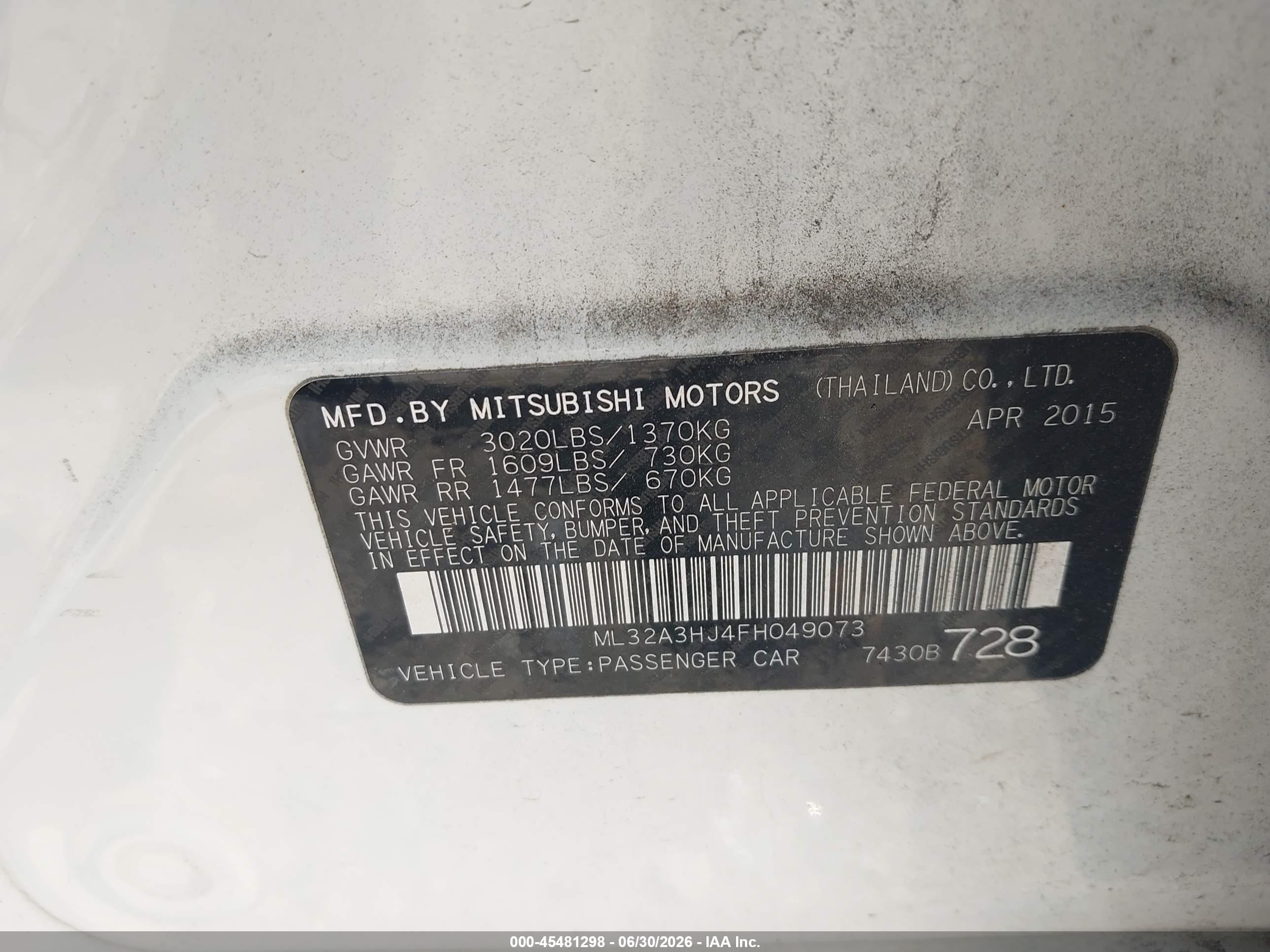 2015 Mitsubishi Mirage De White vin: ML32A3HJ4FH049073