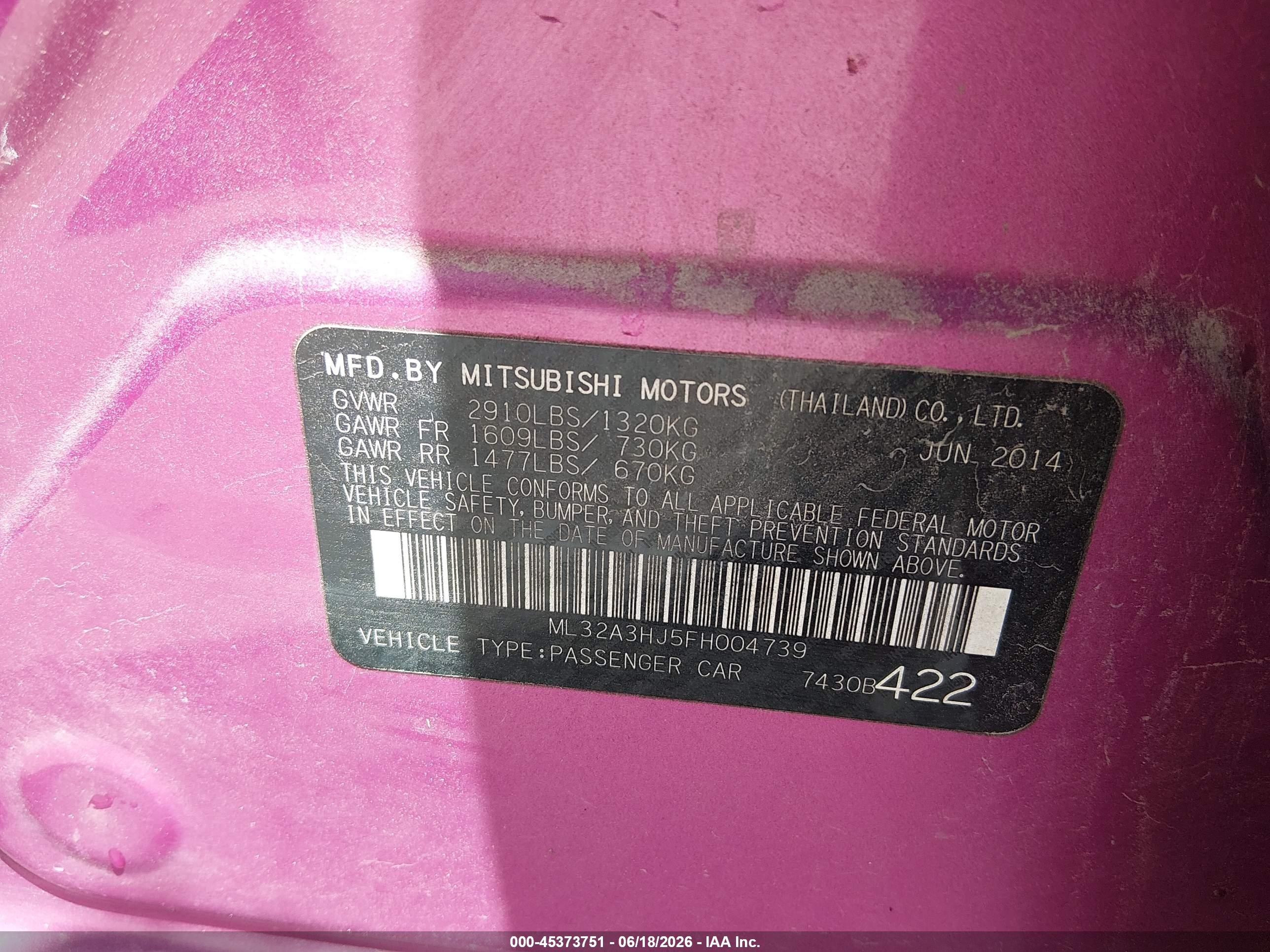 2015 Mitsubishi Mirage De/rf Pink vin: ML32A3HJ5FH004739