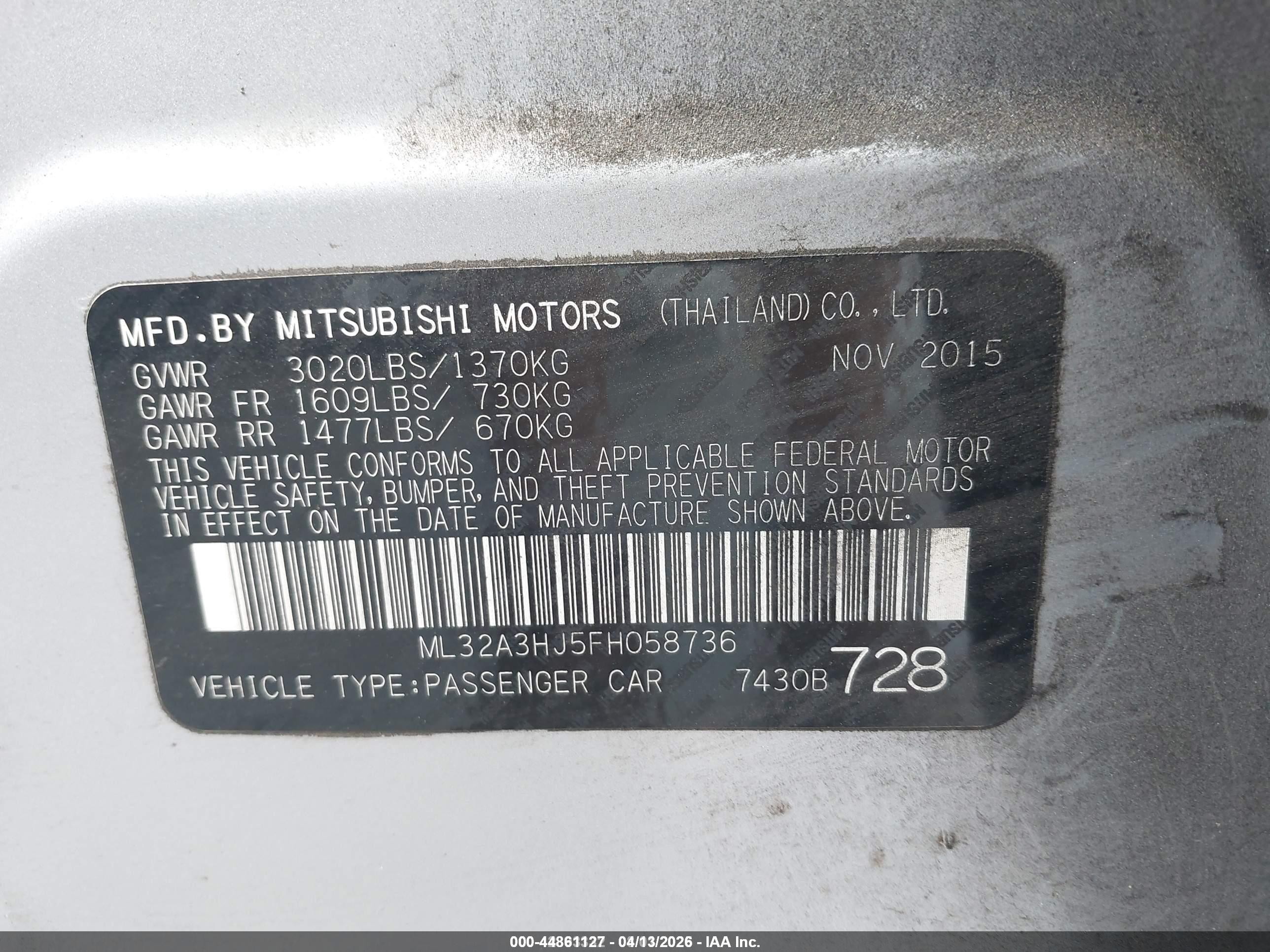 2015 Mitsubishi Mirage De/rf Silver vin: ML32A3HJ5FH058736